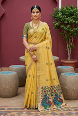 Delectable Yellow Pure Munga Cotton Silk Saree With Adoring Blouse Piece