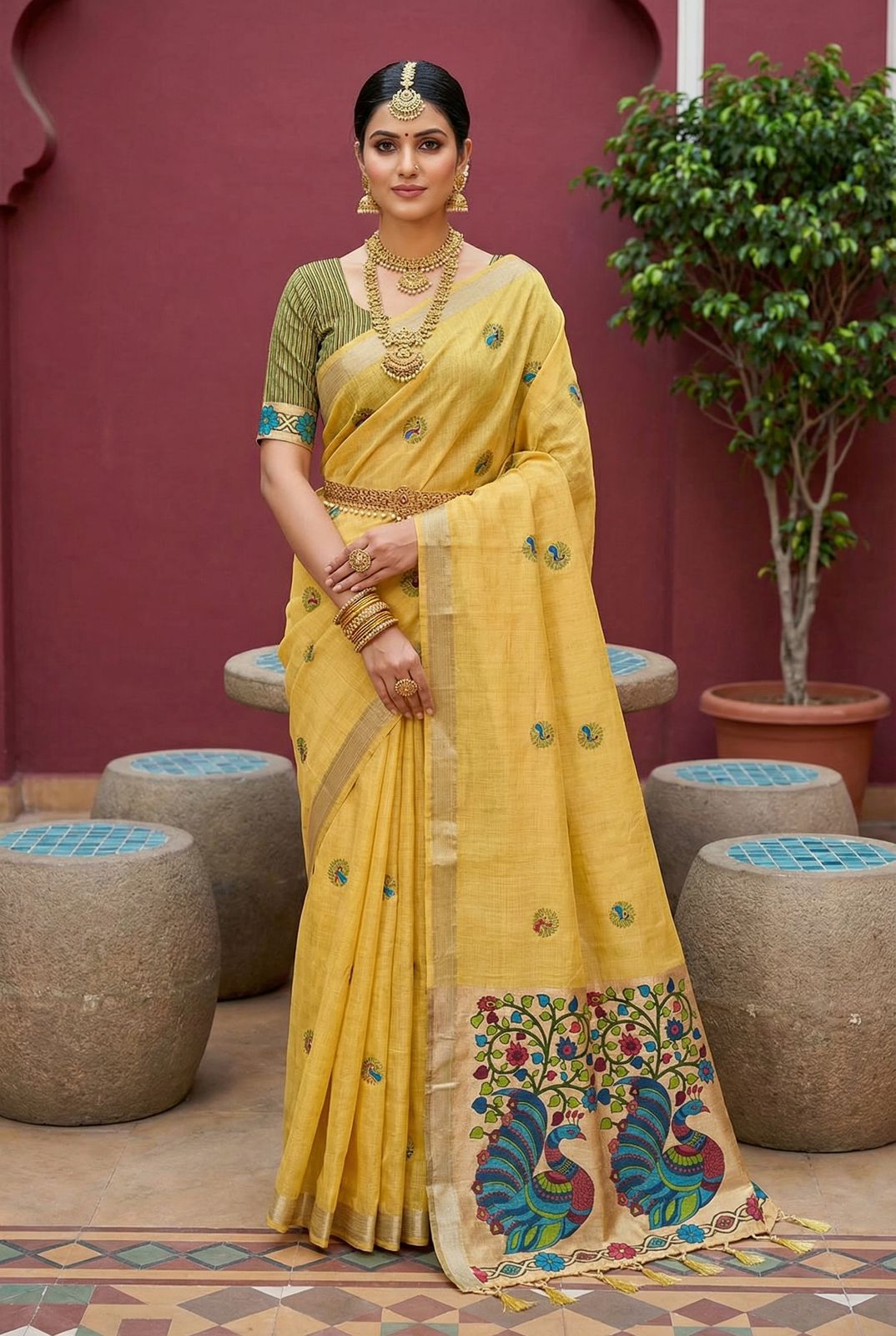 Delectable Yellow Pure Munga Cotton Silk Saree With Adoring Blouse Piece