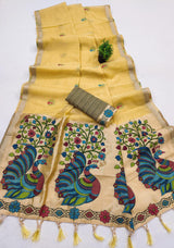 Delectable Yellow Pure Munga Cotton Silk Saree With Adoring Blouse Piece