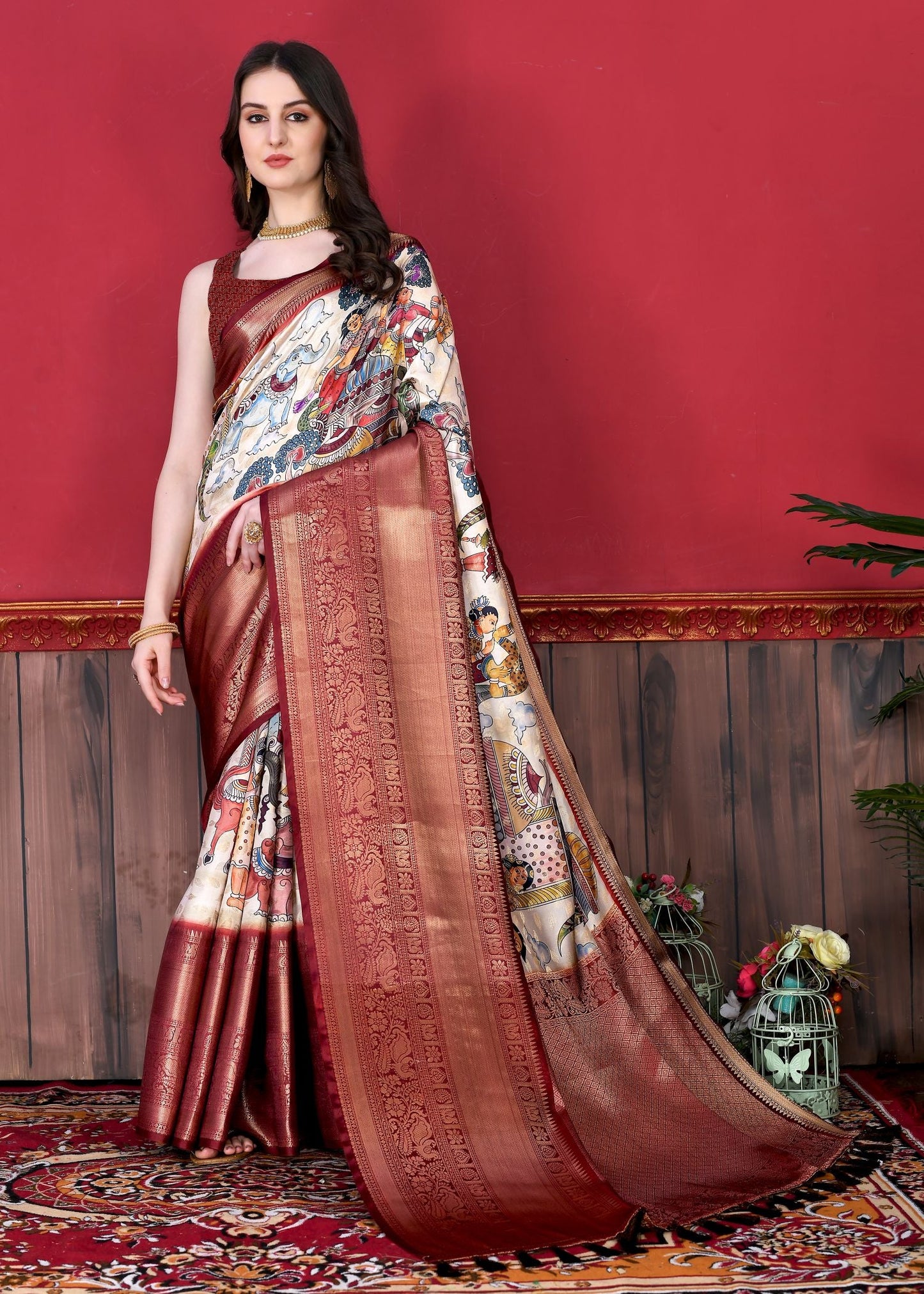Flattering Off White Kalamkari Printed Saree With Mesmerising Blouse Piece