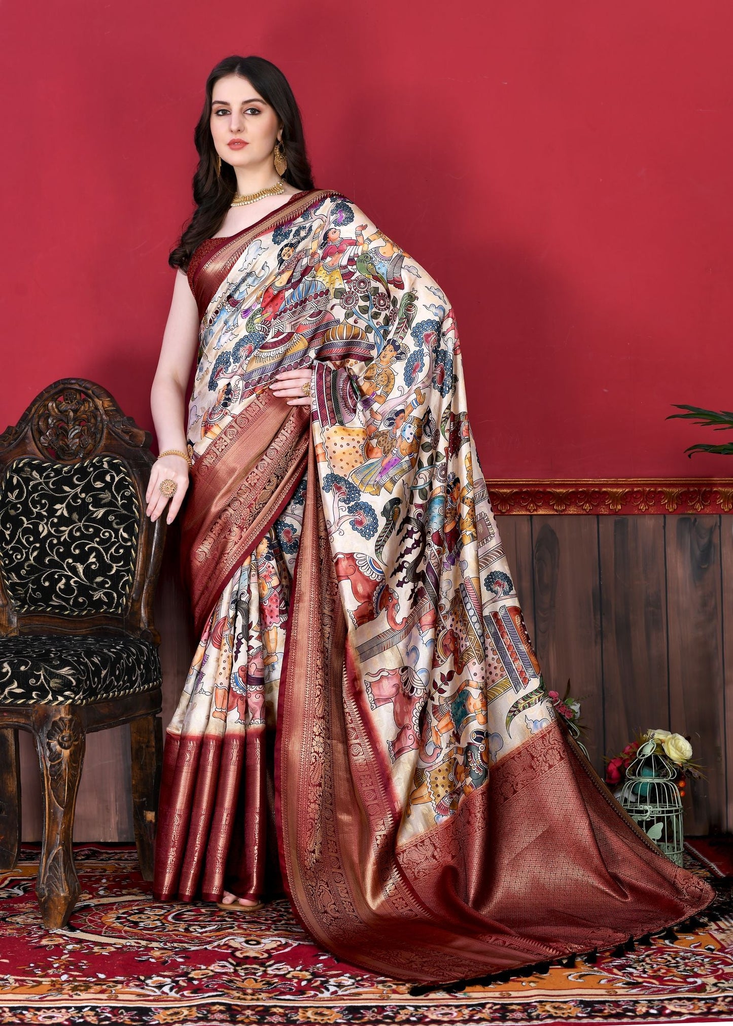 Flattering Off White Kalamkari Printed Saree With Mesmerising Blouse Piece