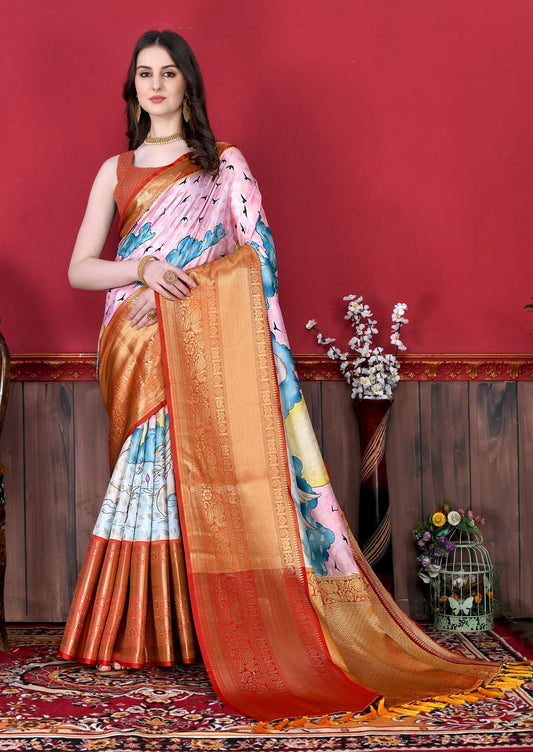 Charming Pink Kalamkari Printed Saree With Arresting Blouse Piece