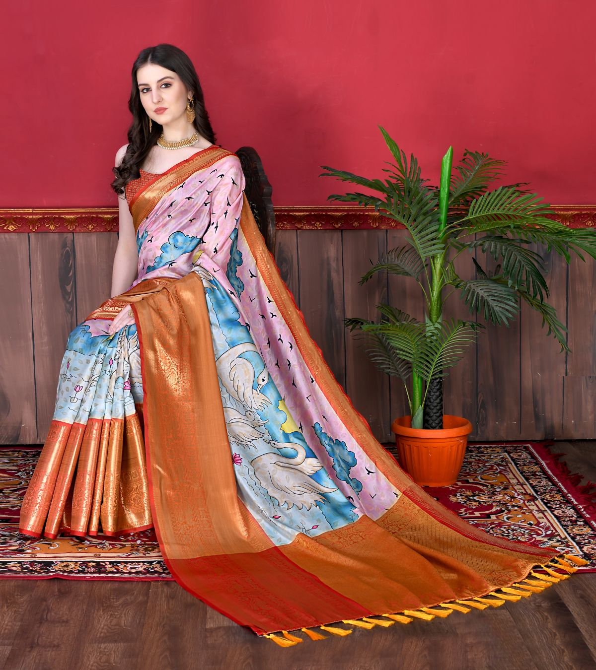 Charming Pink Kalamkari Printed Saree With Arresting Blouse Piece
