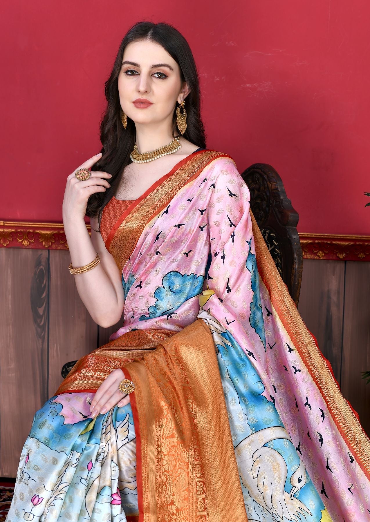 Charming Pink Kalamkari Printed Saree With Arresting Blouse Piece