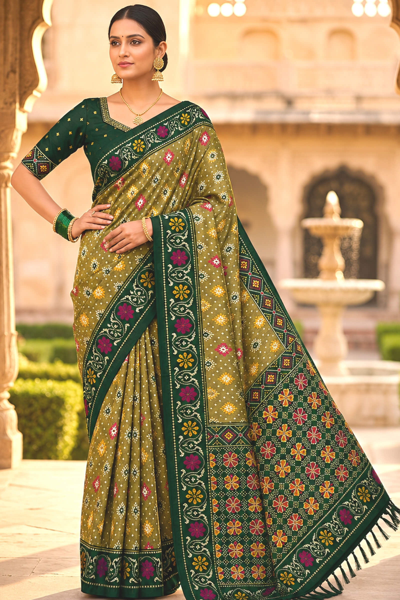 Engaging Green Patola Silk Saree with Smart Blouse Piece