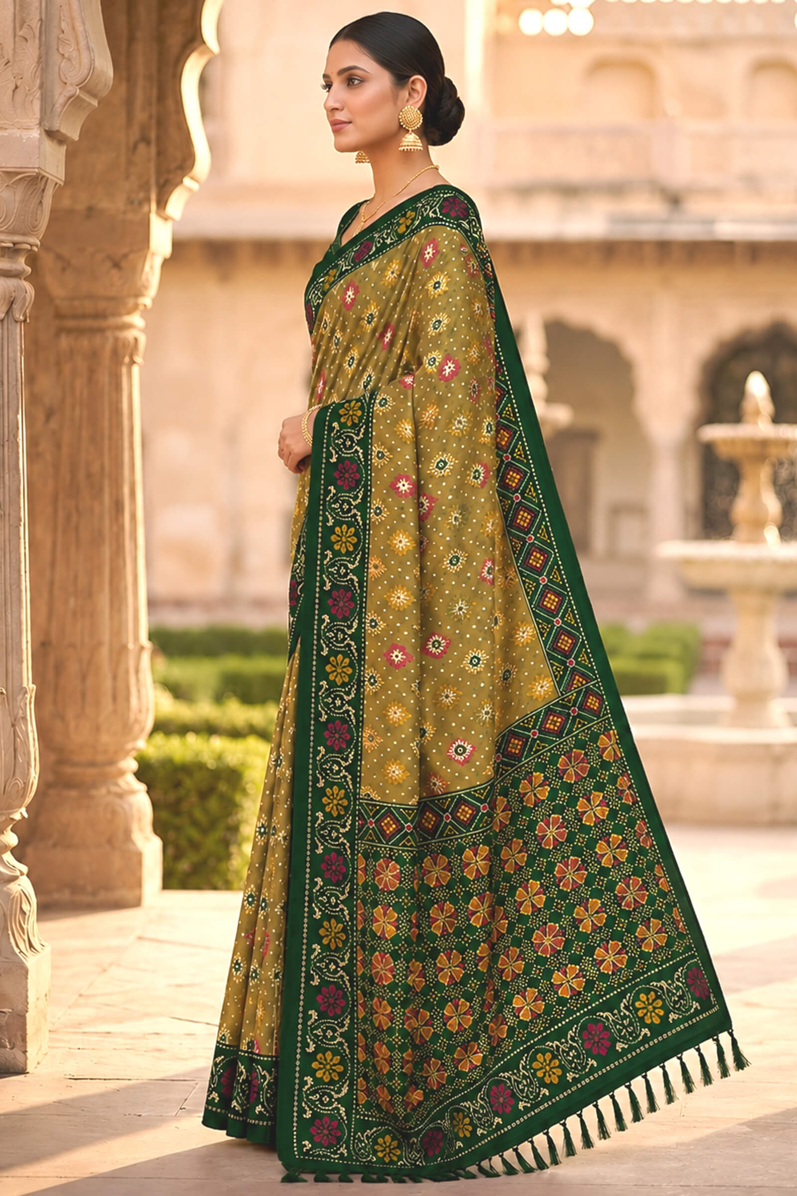 Engaging Green Patola Silk Saree with Smart Blouse Piece