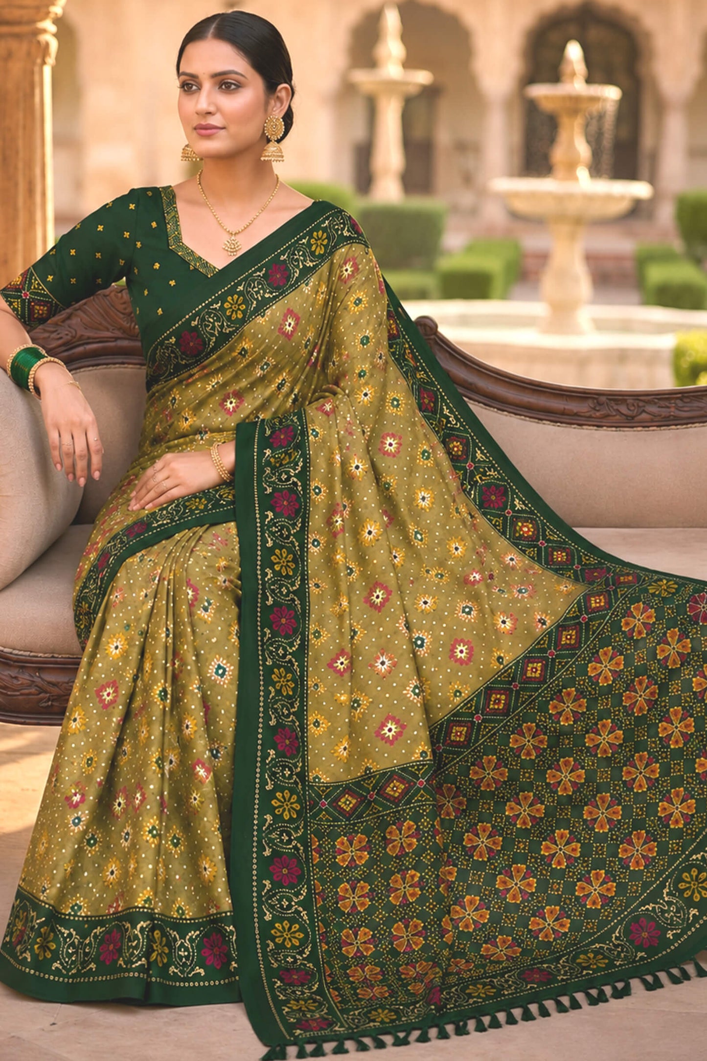 Engaging Green Patola Silk Saree with Smart Blouse Piece