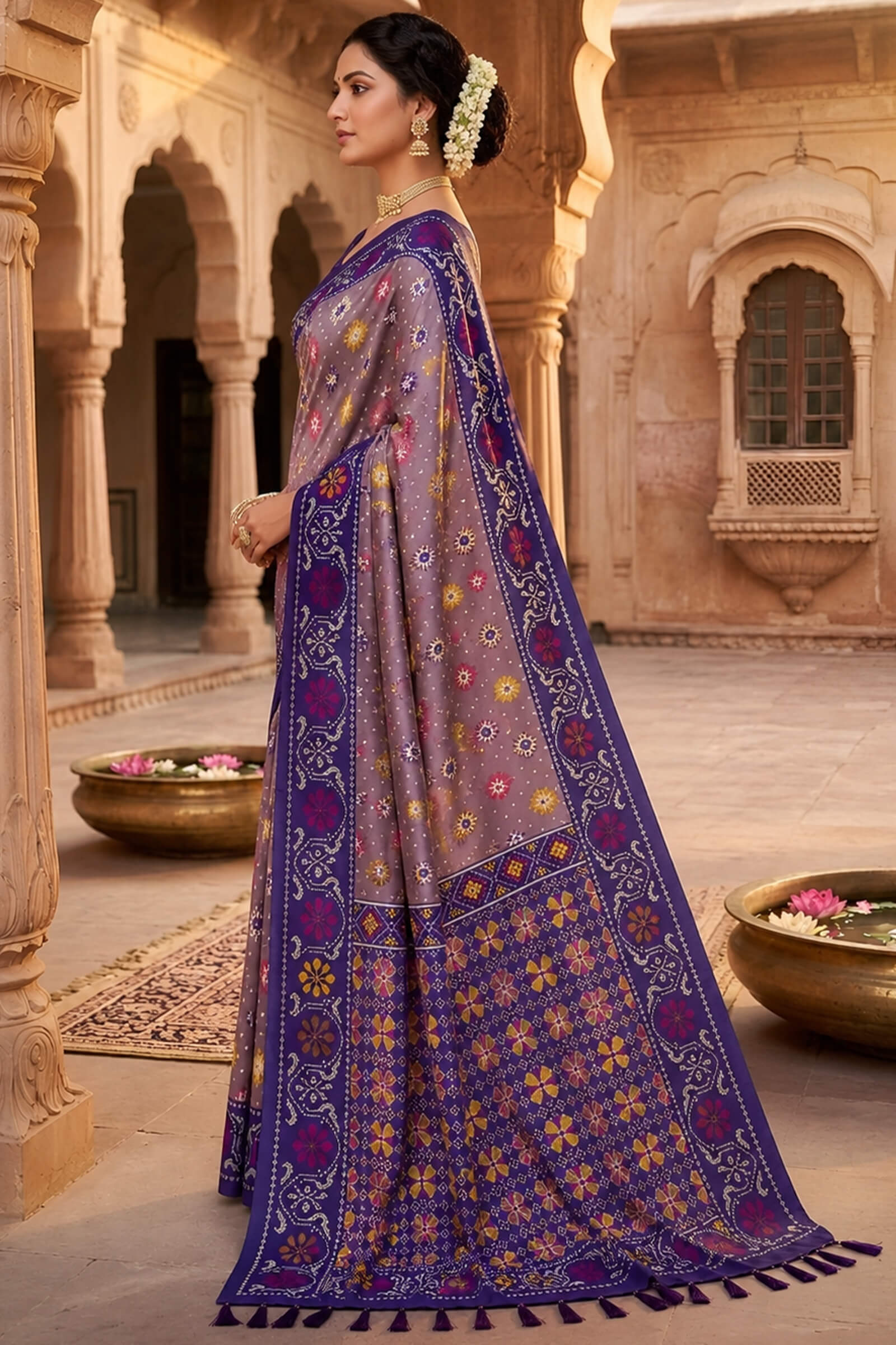 Enthralling Lavender Patola Silk Saree with Embellished Blouse Piece