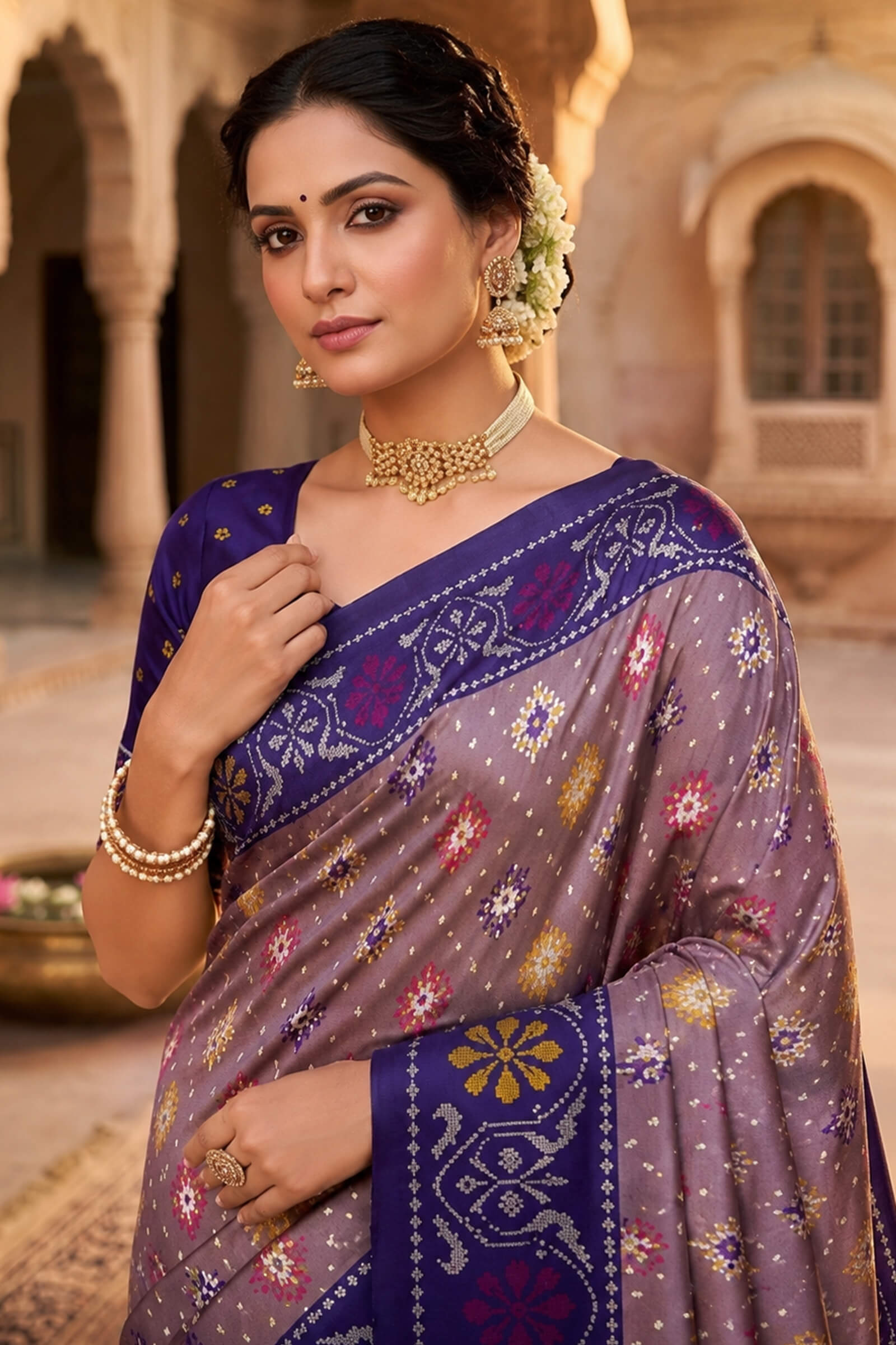 Enthralling Lavender Patola Silk Saree with Embellished Blouse Piece