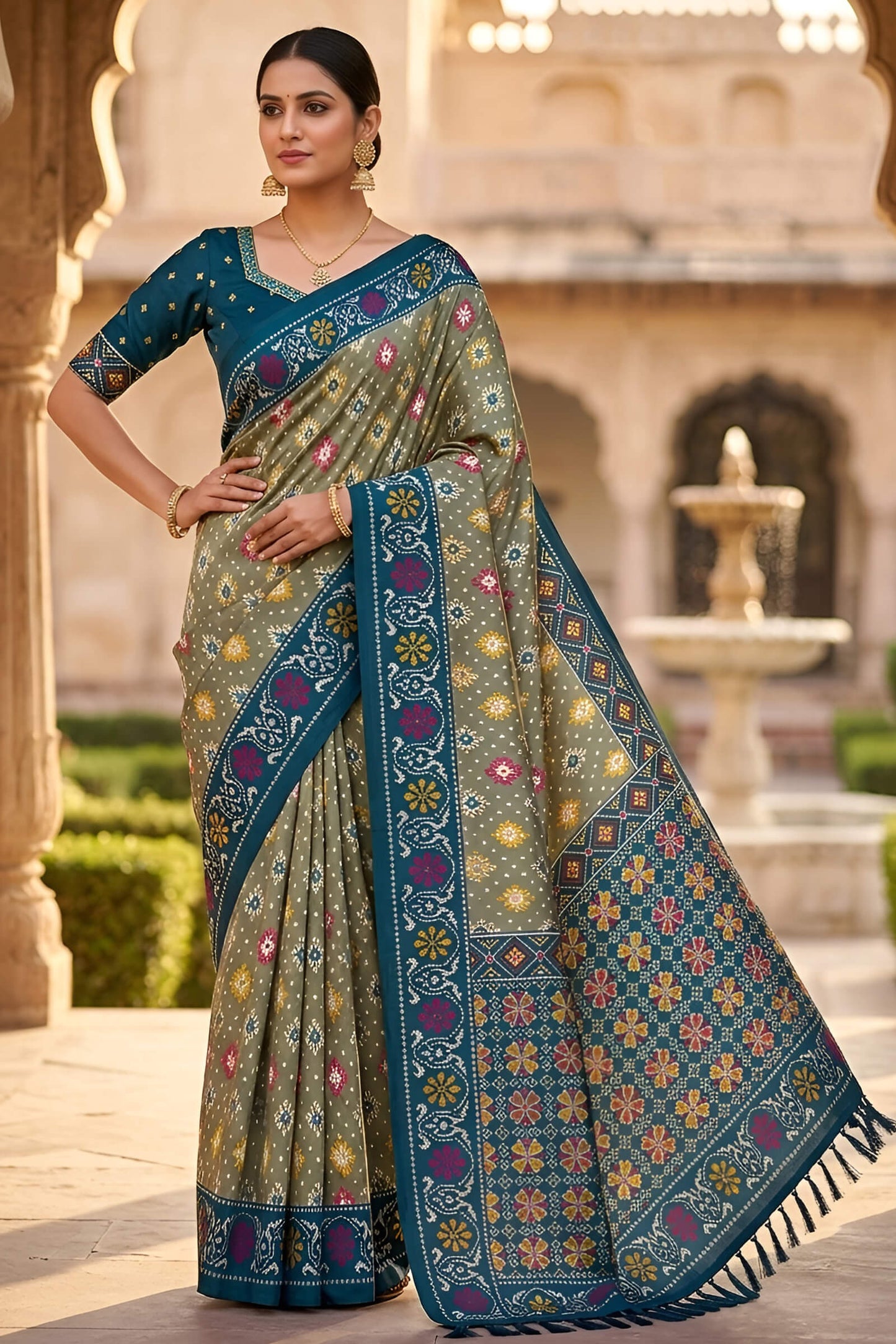 Comely Mehndi Patola Silk Saree with Tremendous Blouse Piece