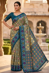 Comely Mehndi Patola Silk Saree with Tremendous Blouse Piece