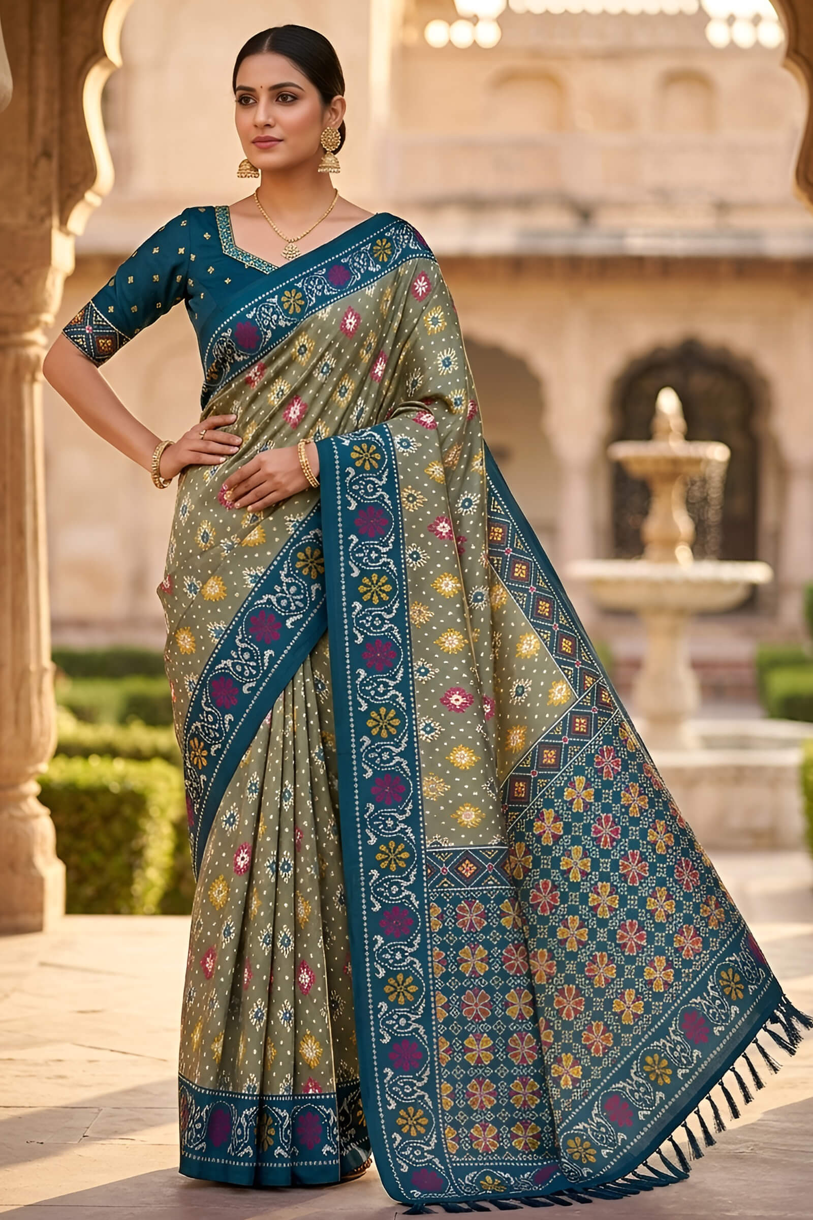 Comely Mehndi Patola Silk Saree with Tremendous Blouse Piece