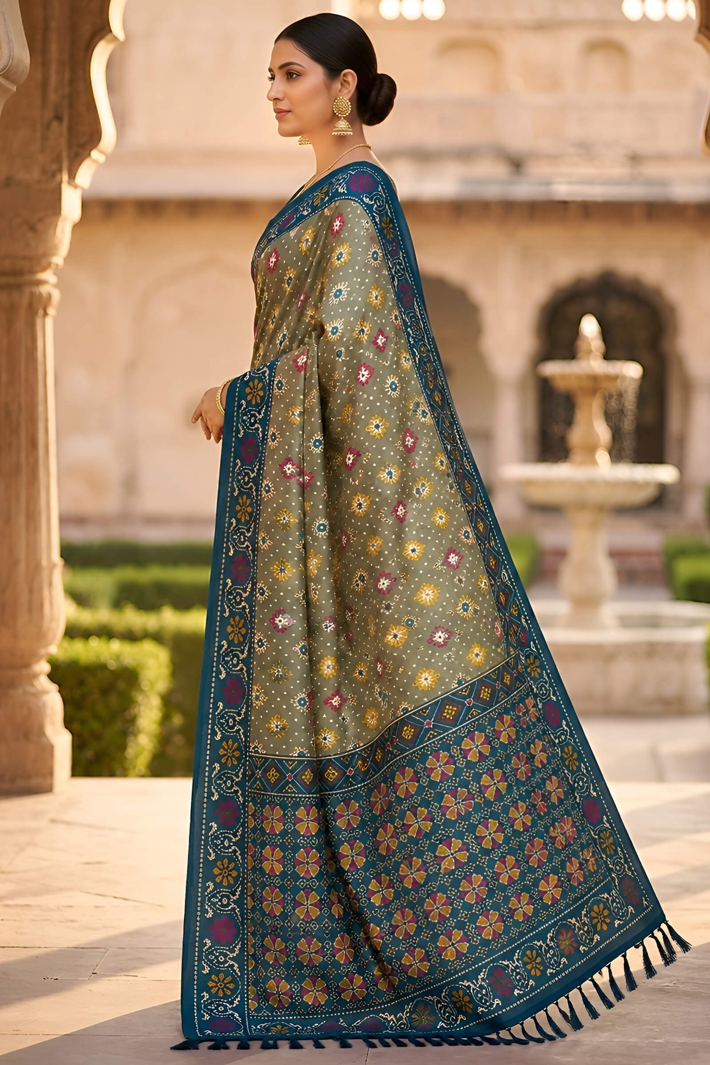 Comely Mehndi Patola Silk Saree with Tremendous Blouse Piece