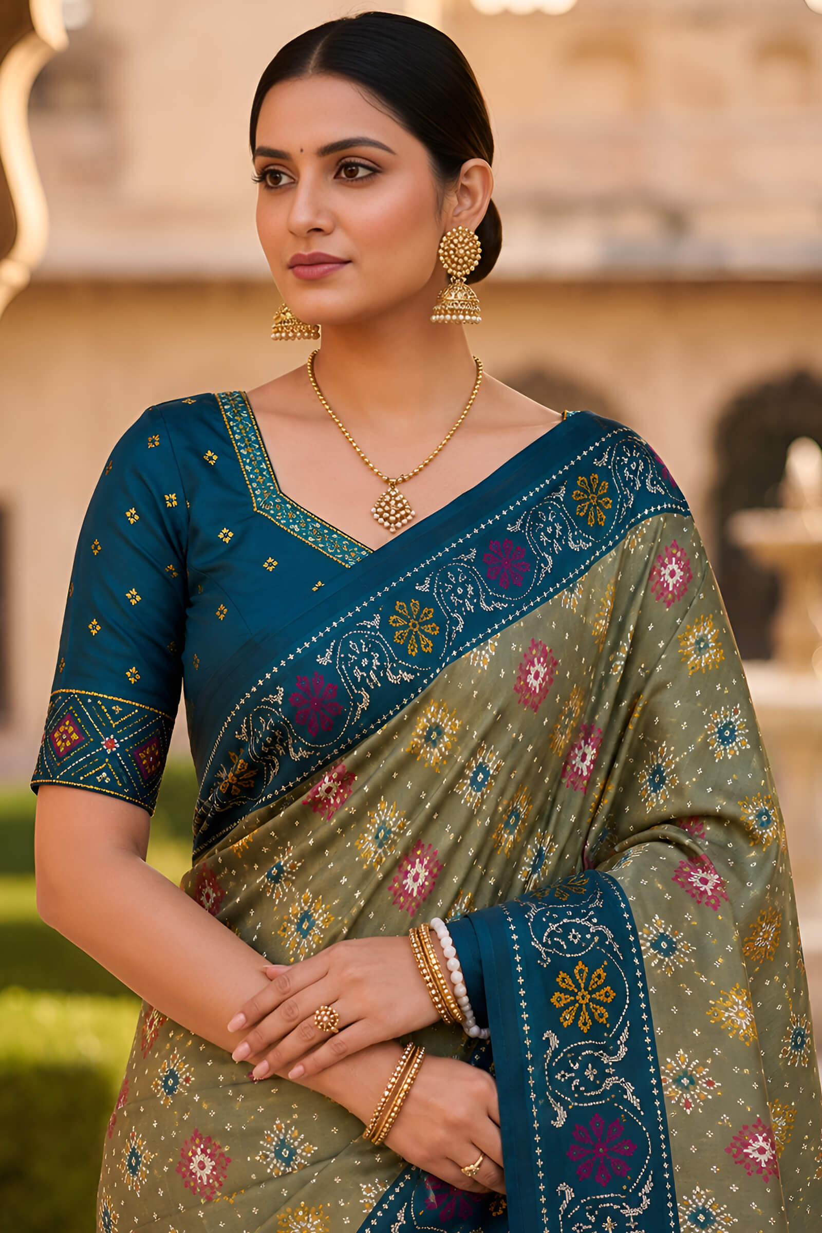 Comely Mehndi Patola Silk Saree with Tremendous Blouse Piece