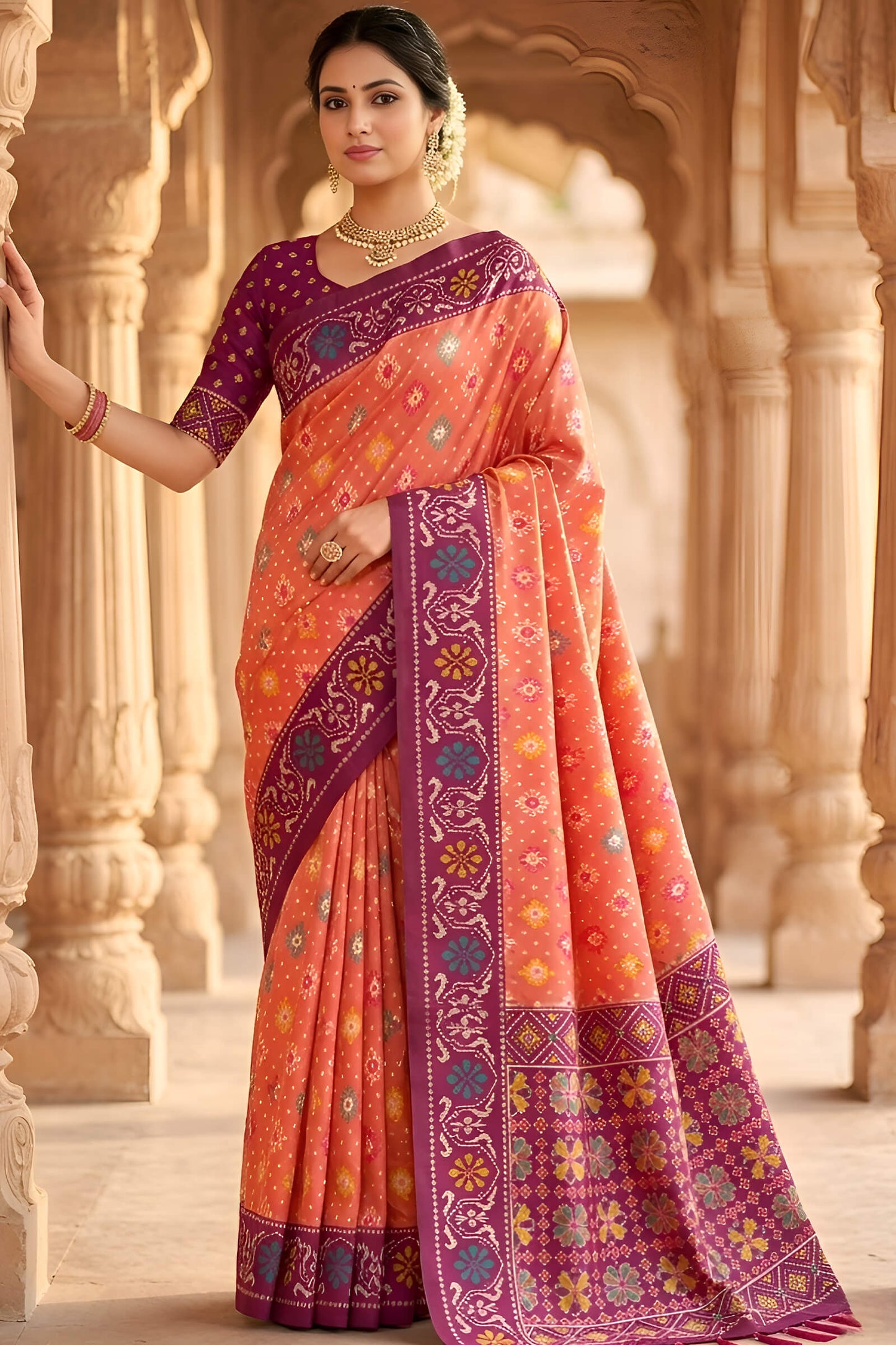 Beauteous Orange Patola Silk Saree with Denouement Blouse Piece