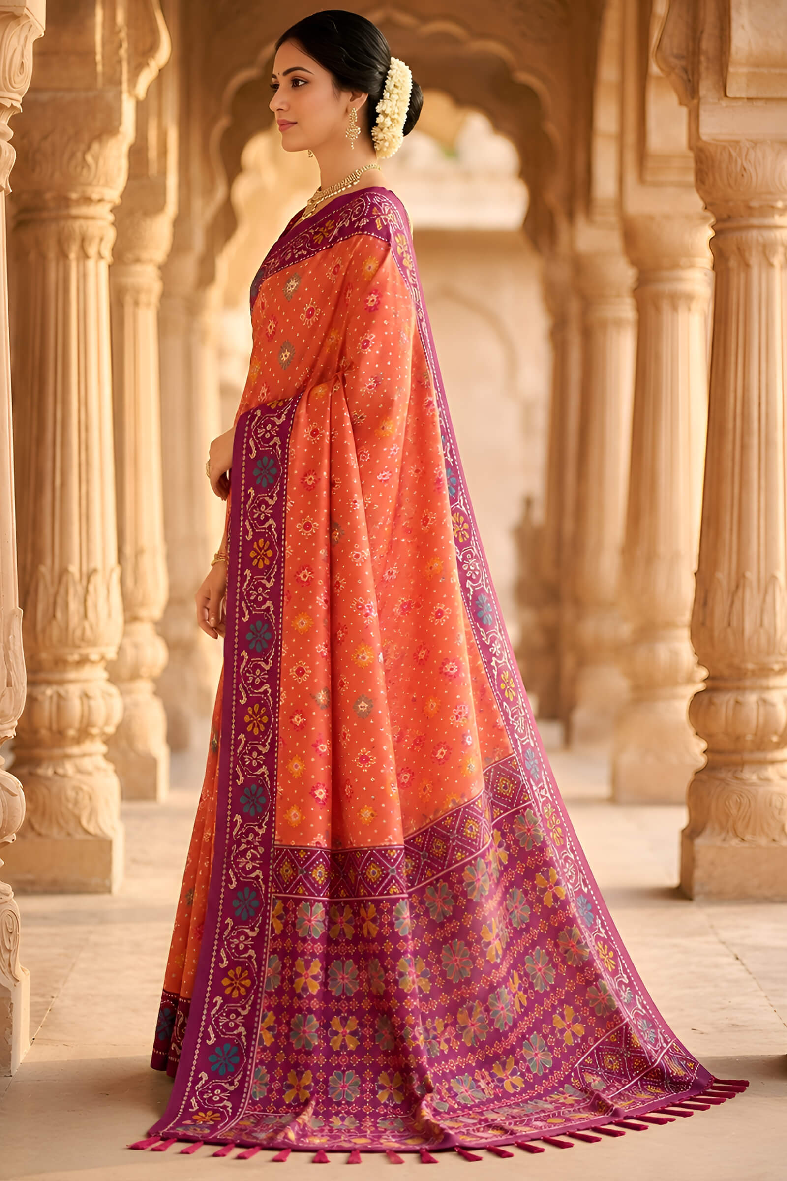 Beauteous Orange Patola Silk Saree with Denouement Blouse Piece
