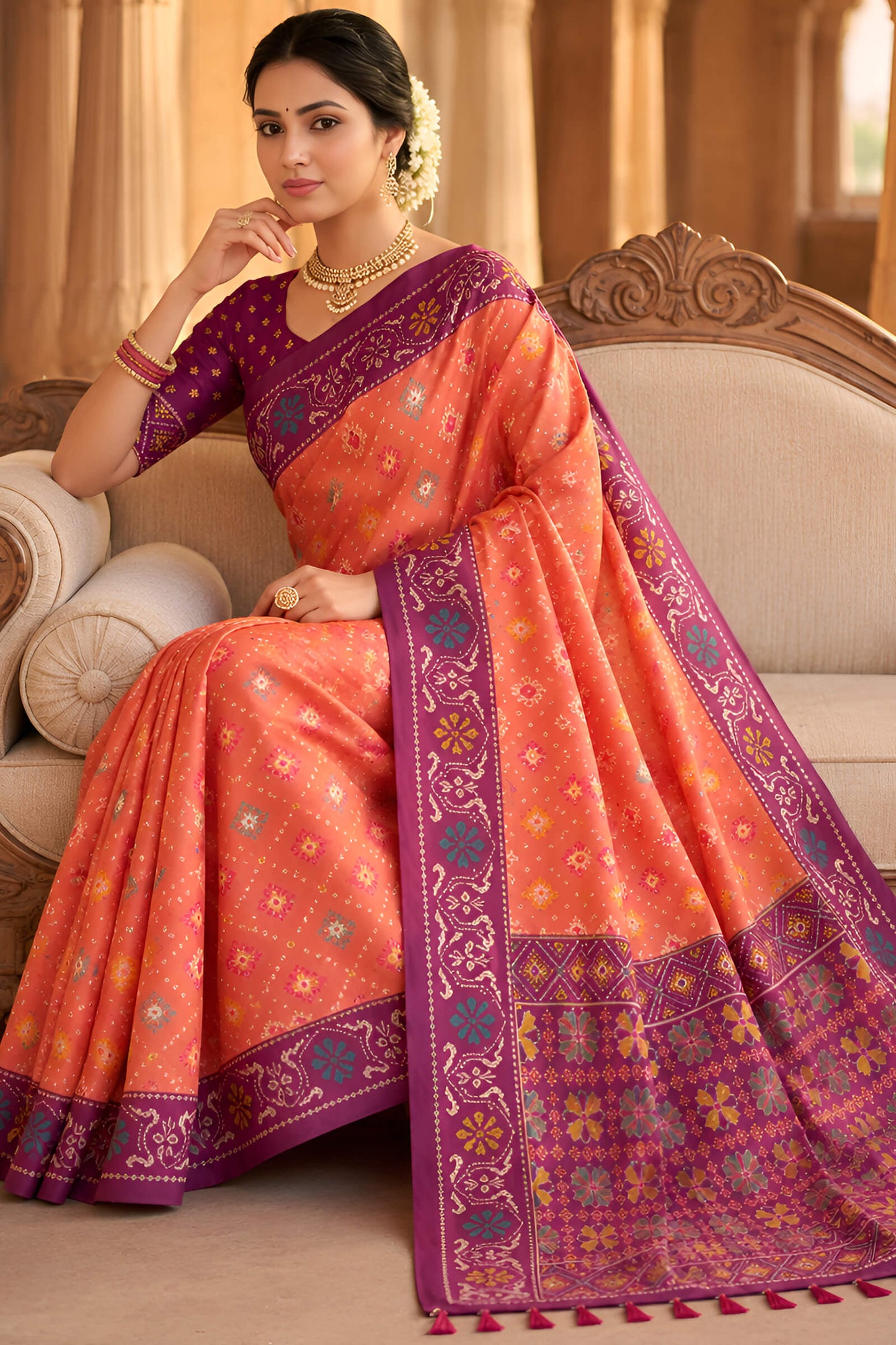 Beauteous Orange Patola Silk Saree with Denouement Blouse Piece