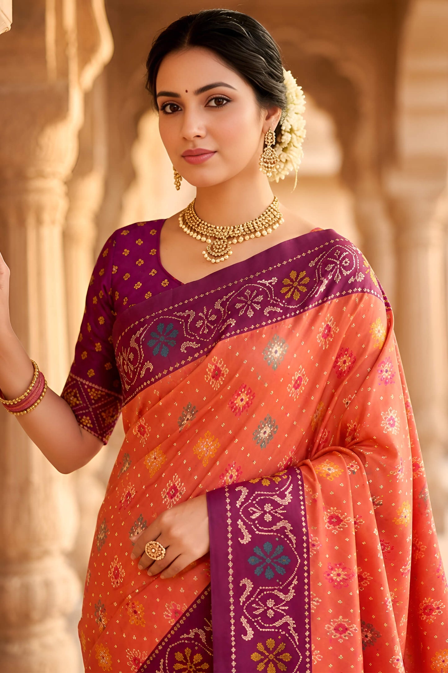 Beauteous Orange Patola Silk Saree with Denouement Blouse Piece