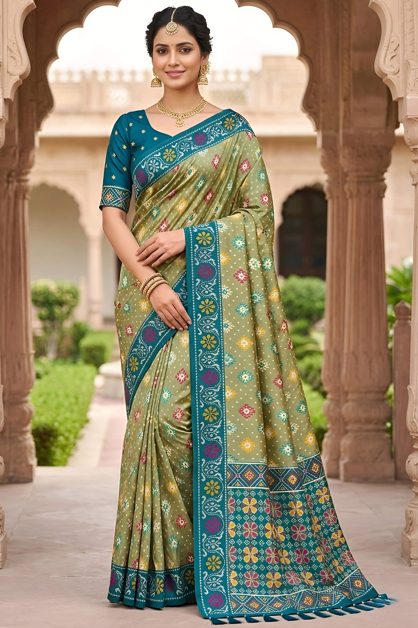 Divine Pista Patola Silk Saree with Vibrant Blouse Piece