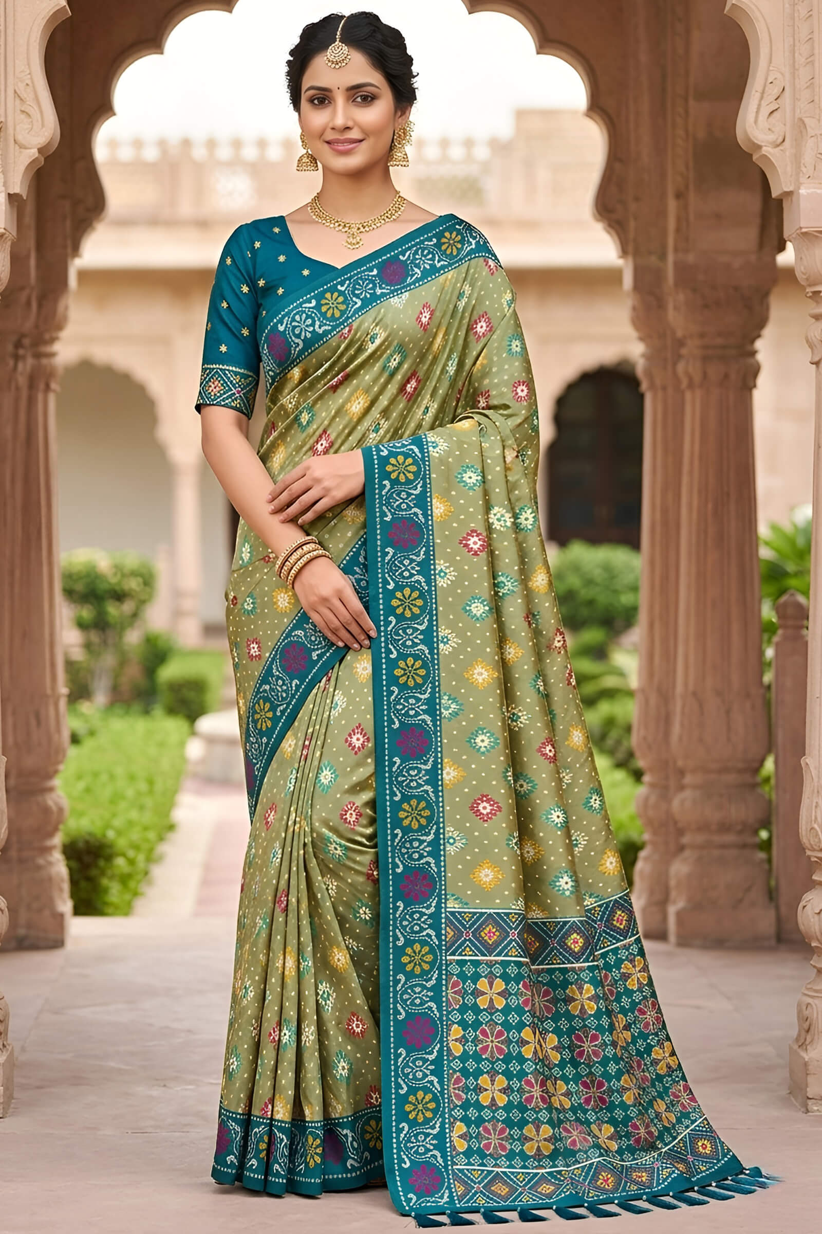 Divine Pista Patola Silk Saree with Vibrant Blouse Piece