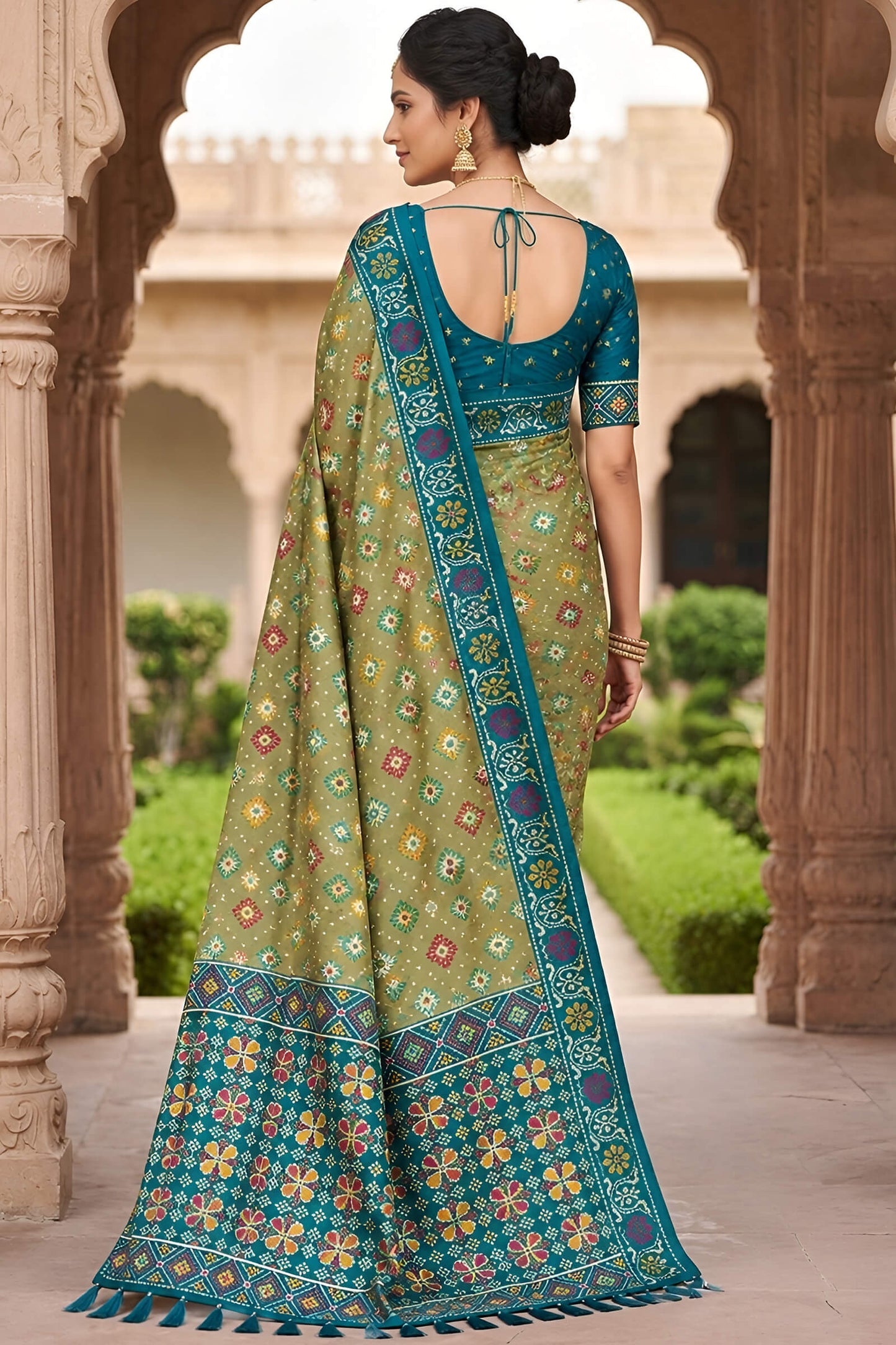 Divine Pista Patola Silk Saree with Vibrant Blouse Piece