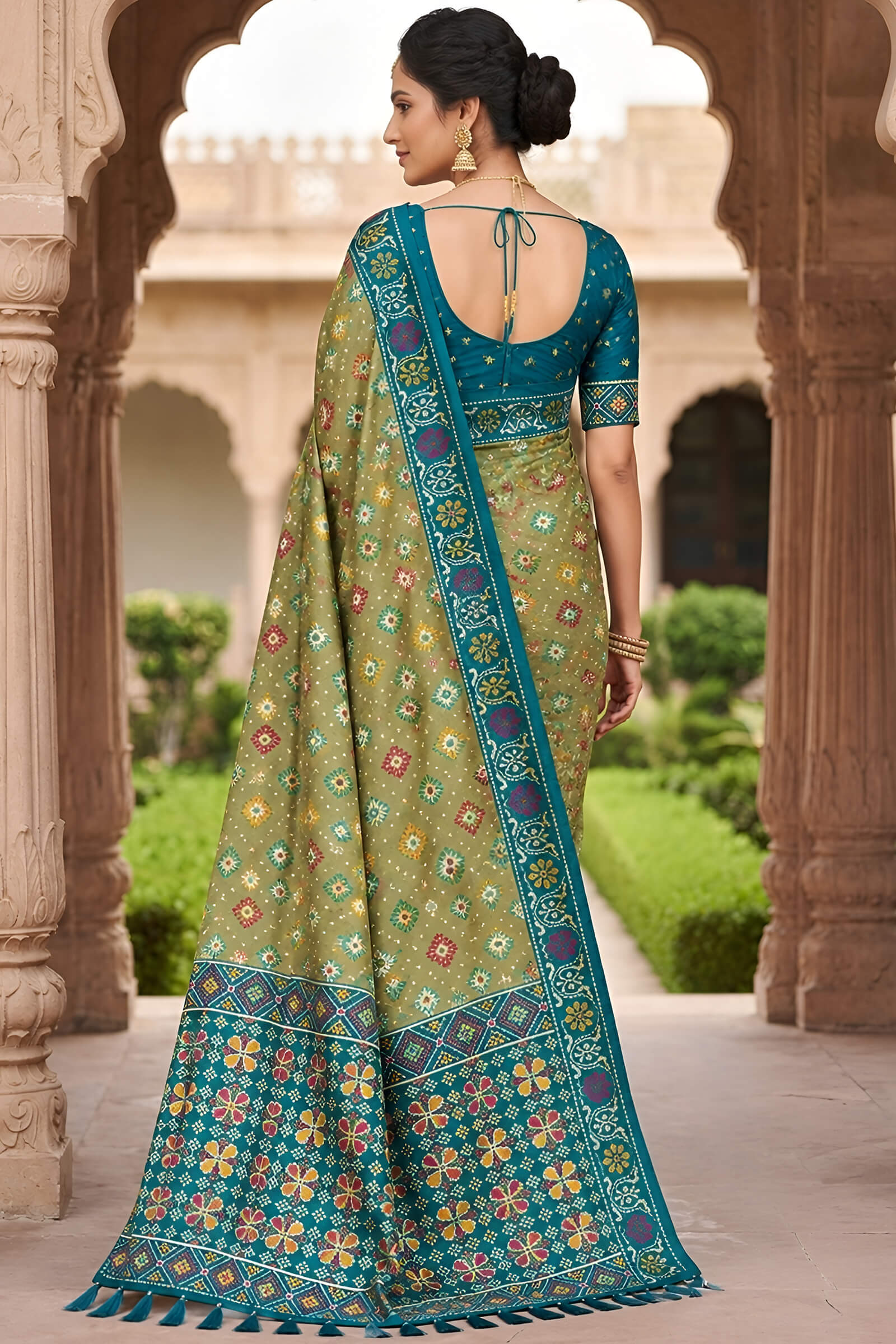 Divine Pista Patola Silk Saree with Vibrant Blouse Piece
