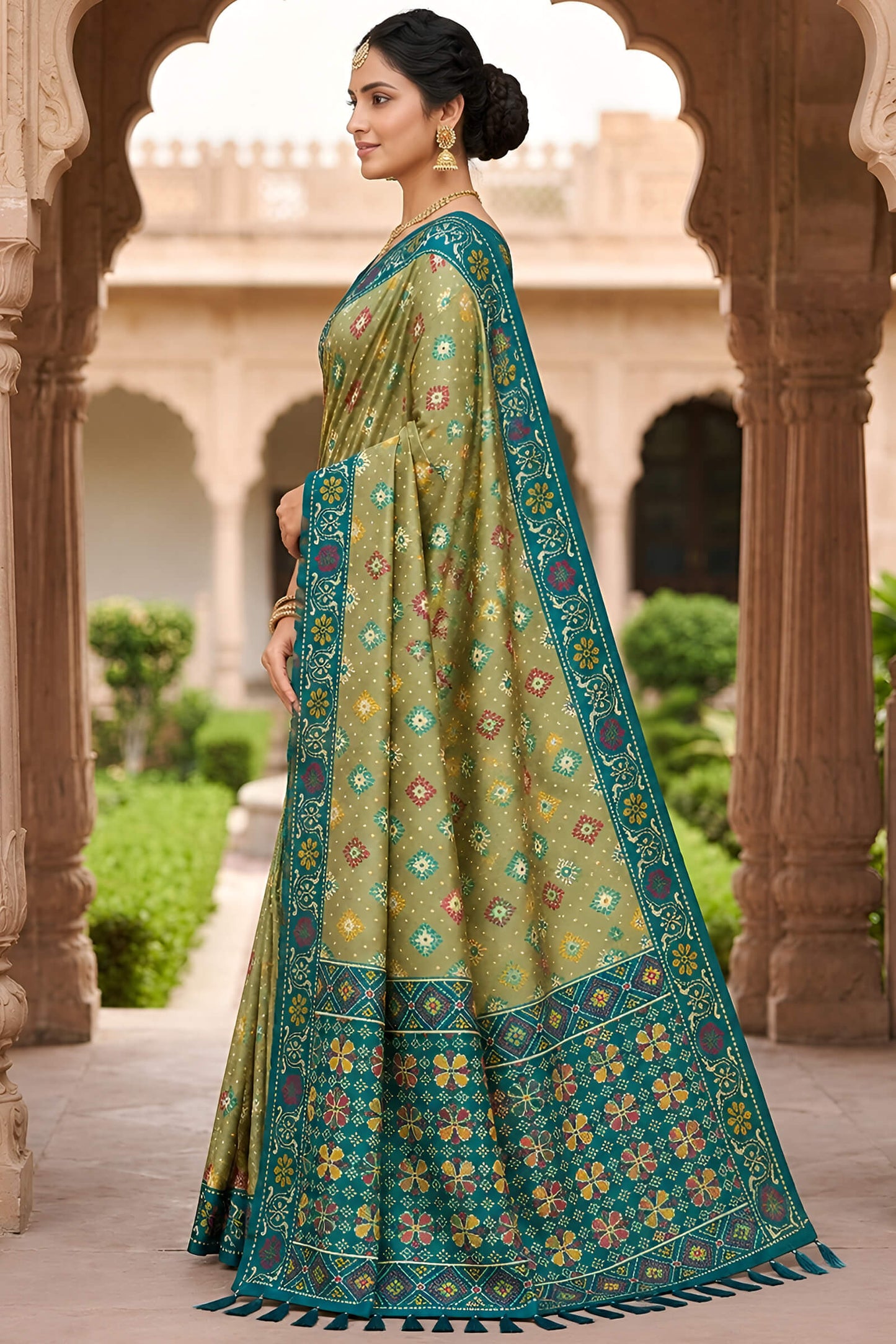 Divine Pista Patola Silk Saree with Vibrant Blouse Piece