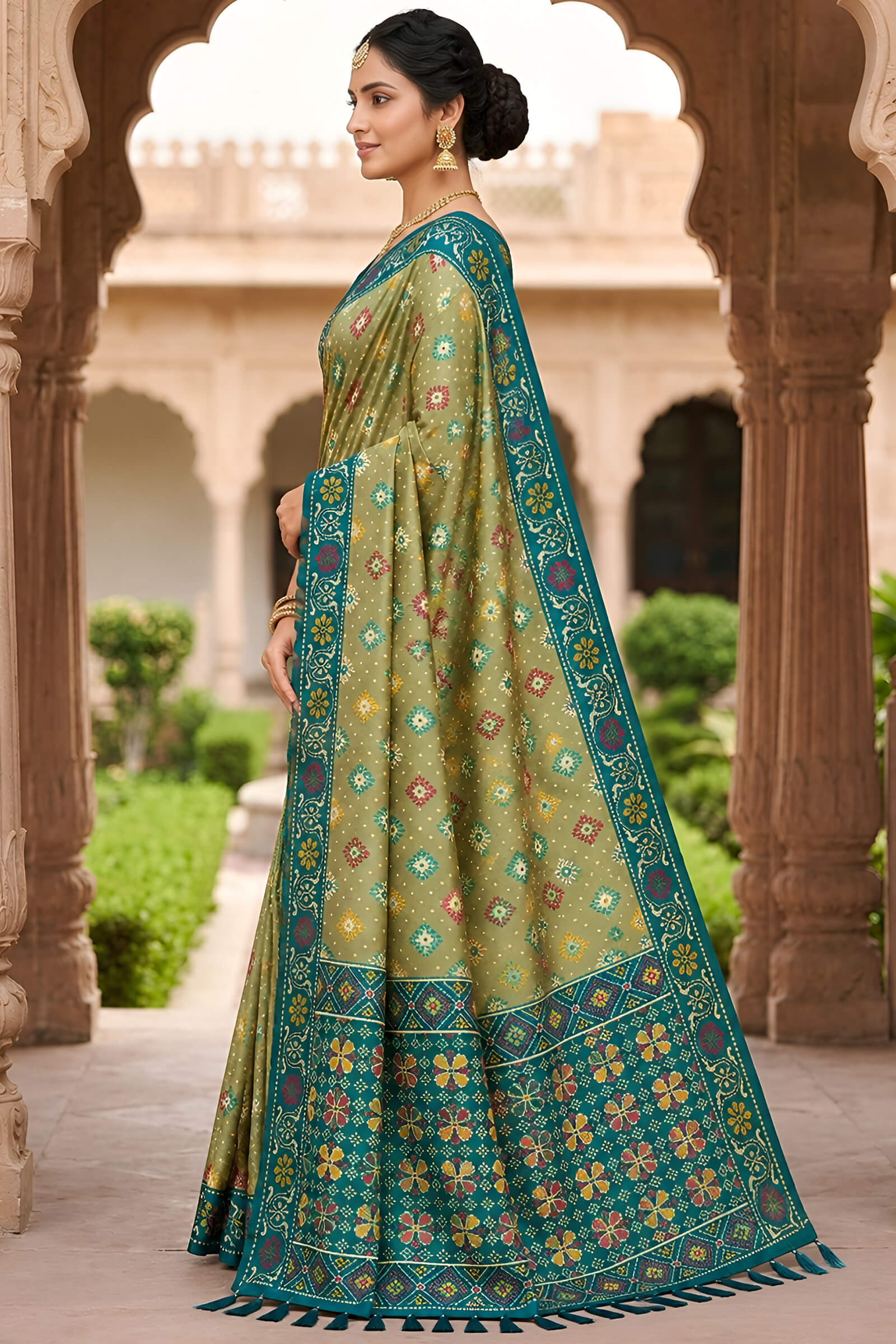 Divine Pista Patola Silk Saree with Vibrant Blouse Piece