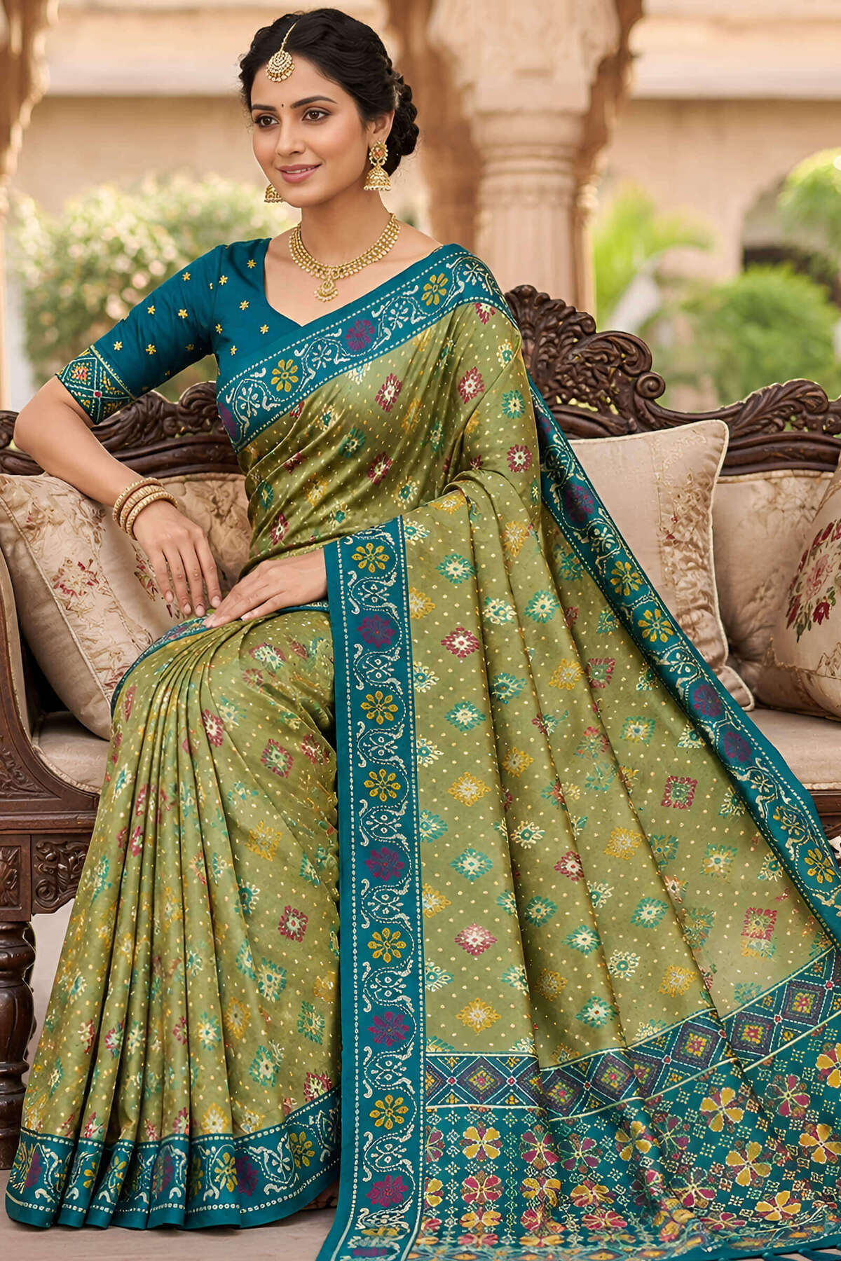 Divine Pista Patola Silk Saree with Vibrant Blouse Piece