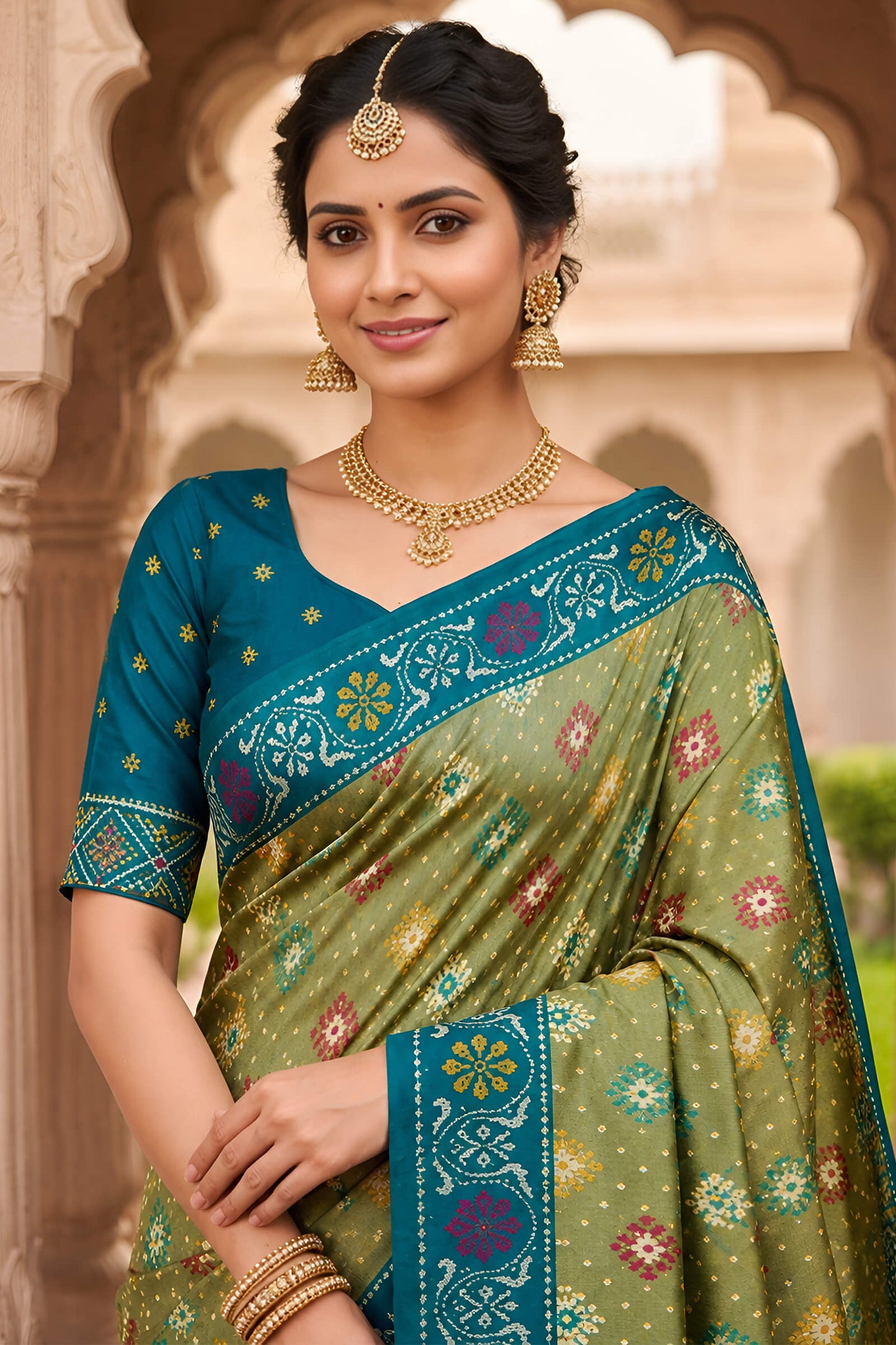Divine Pista Patola Silk Saree with Vibrant Blouse Piece