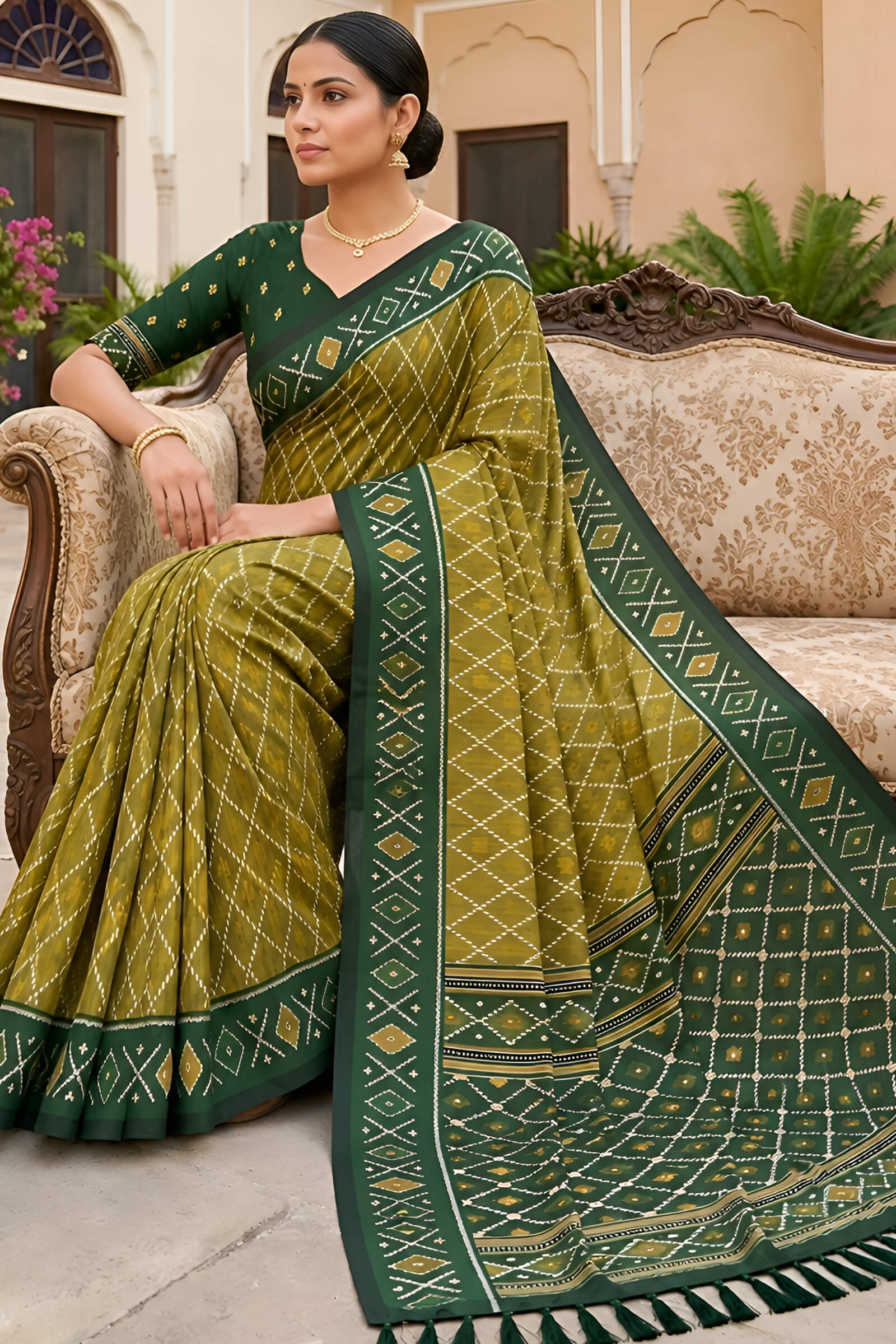 Imbrication Green Patola Silk Saree with Evocative Blouse Piece