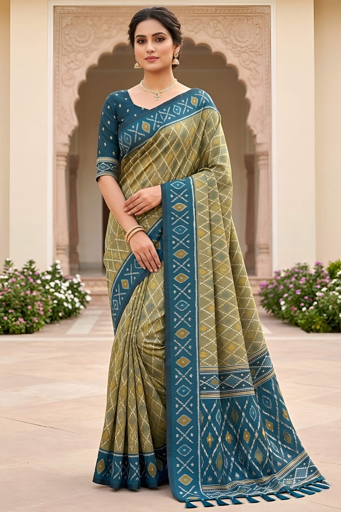 Charming Mehndi Patola Silk Saree with Trendy Blouse Piece