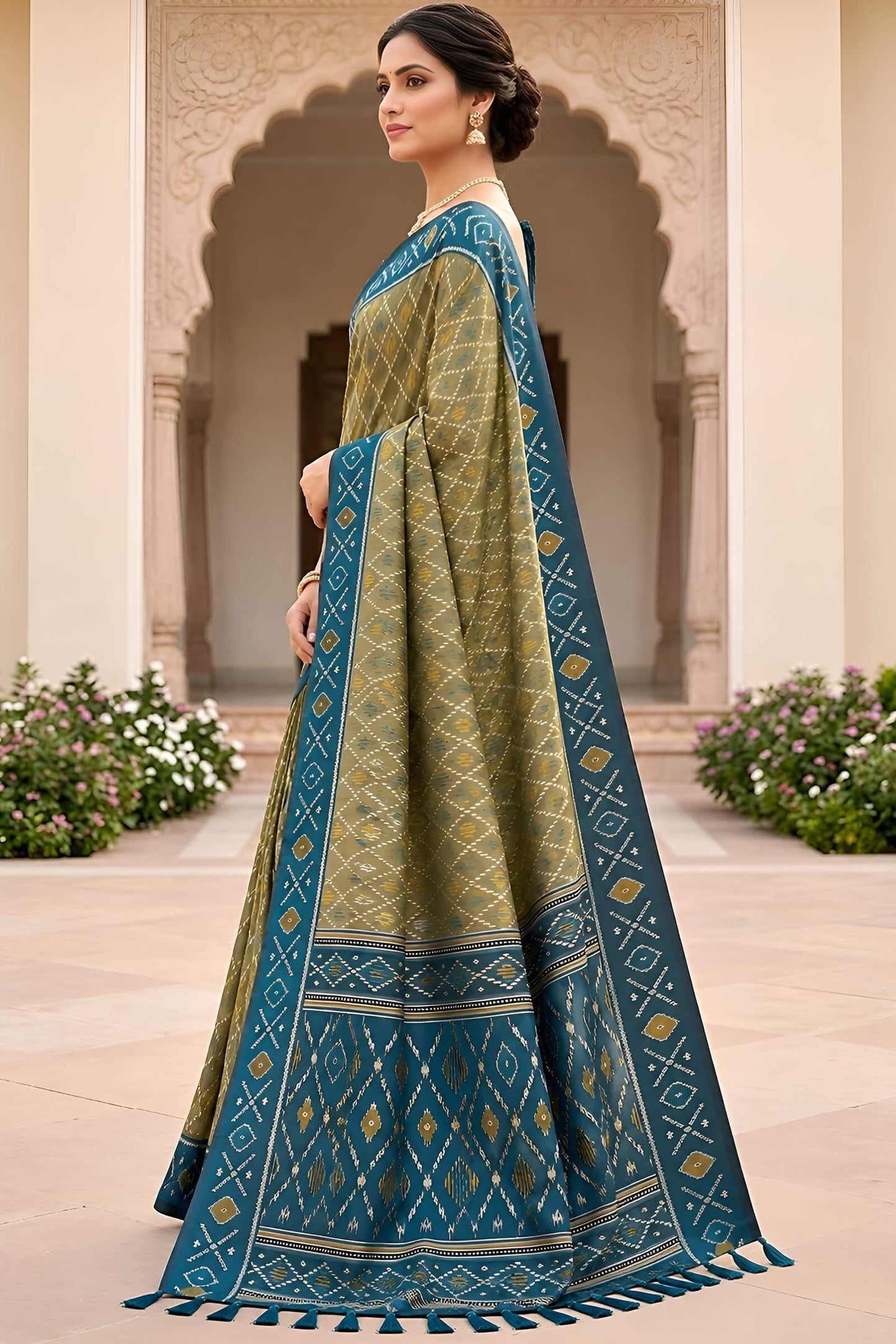 Charming Mehndi Patola Silk Saree with Trendy Blouse Piece