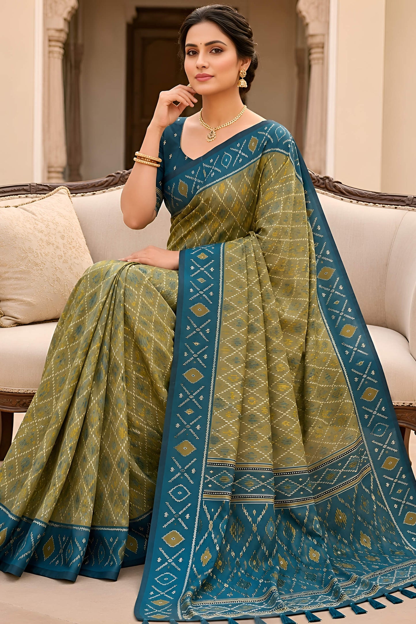 Charming Mehndi Patola Silk Saree with Trendy Blouse Piece