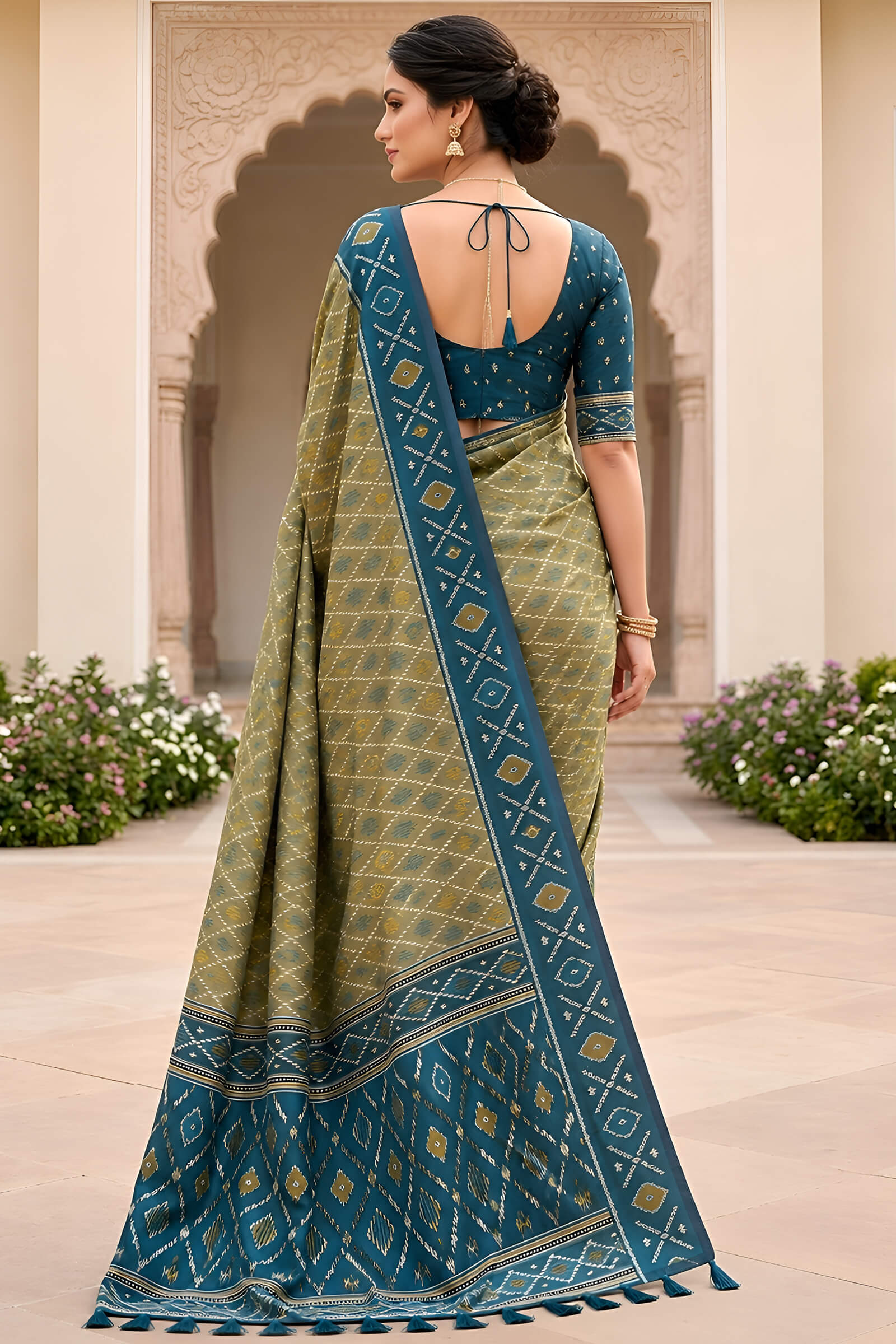 Charming Mehndi Patola Silk Saree with Trendy Blouse Piece