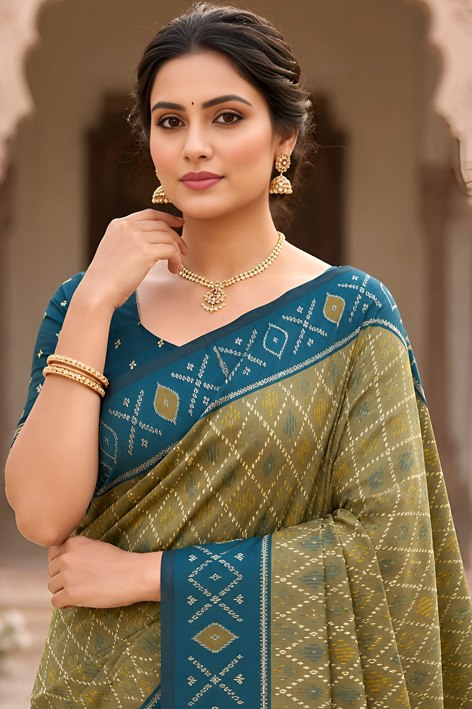 Charming Mehndi Patola Silk Saree with Trendy Blouse Piece