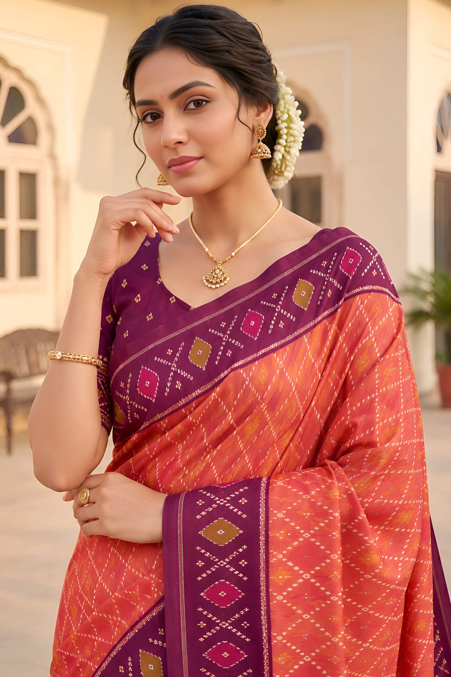 Glorious Orange Patola Silk Saree with Gleaming Blouse Piece