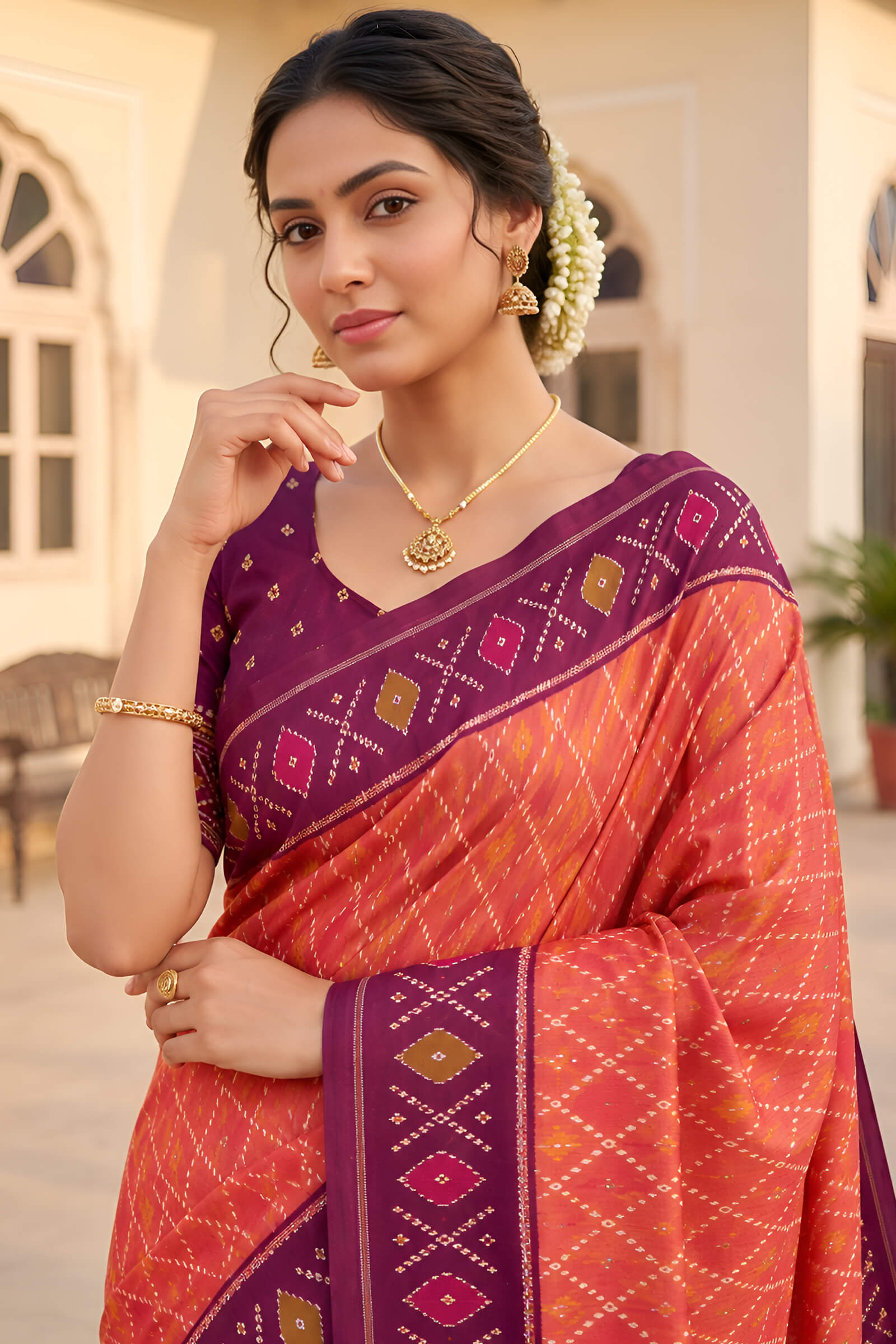 Glorious Orange Patola Silk Saree with Gleaming Blouse Piece