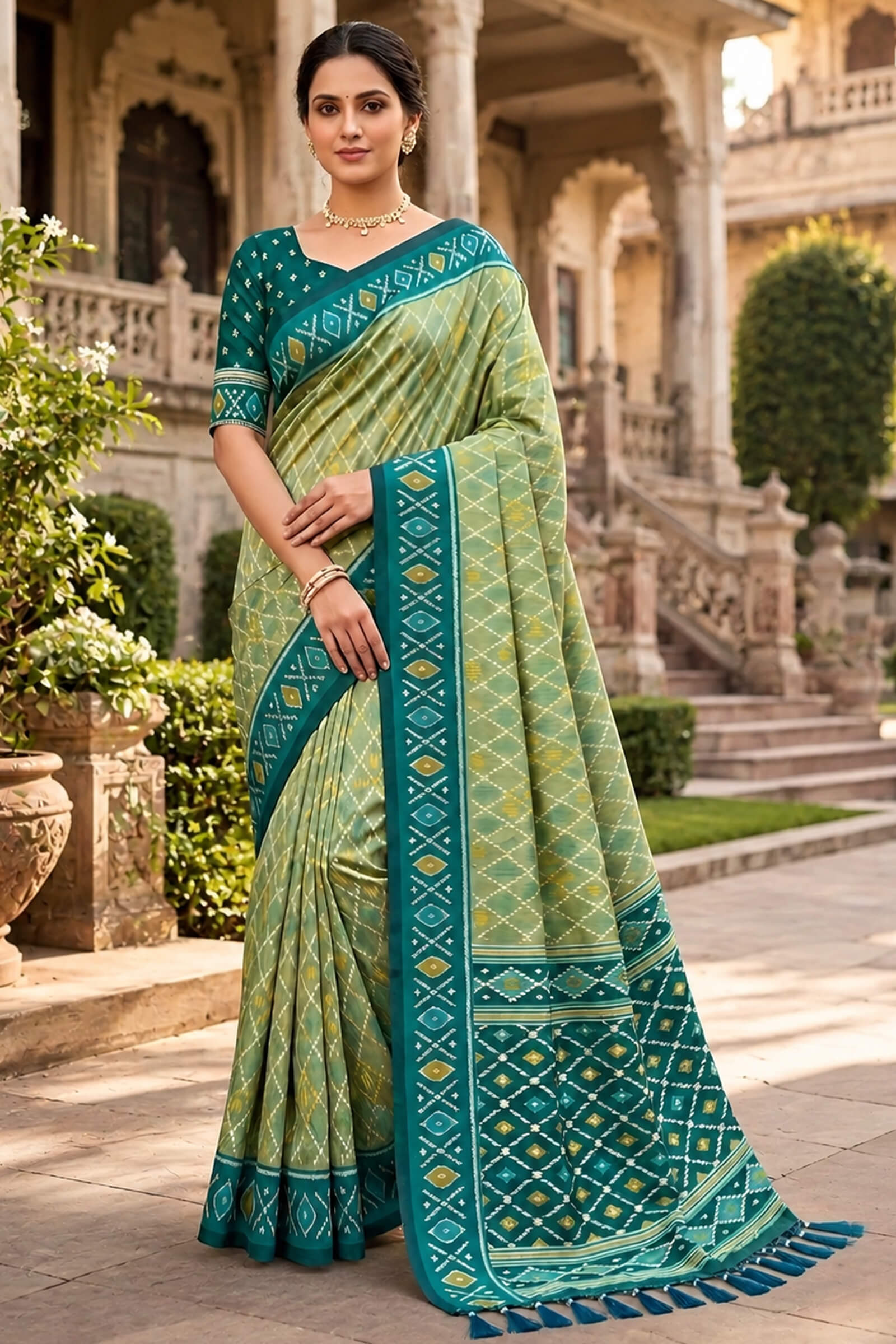 Amazing Pista Patola Silk Saree with Excellent Blouse Piece