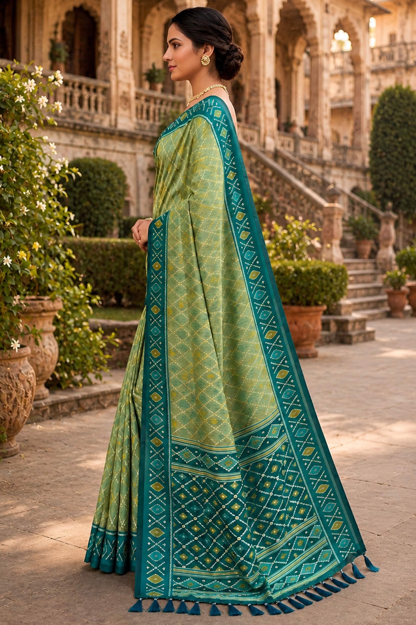 Amazing Pista Patola Silk Saree with Excellent Blouse Piece
