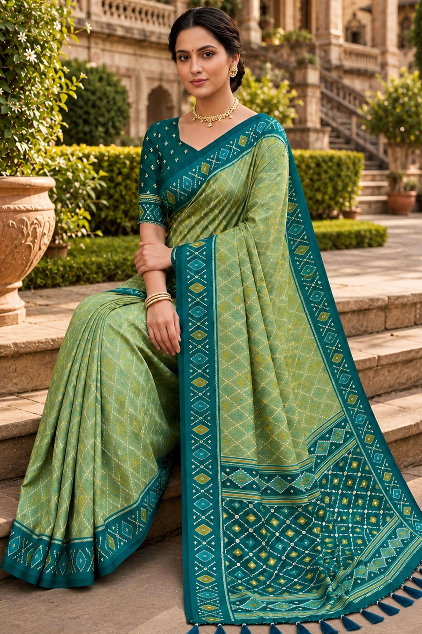 Amazing Pista Patola Silk Saree with Excellent Blouse Piece