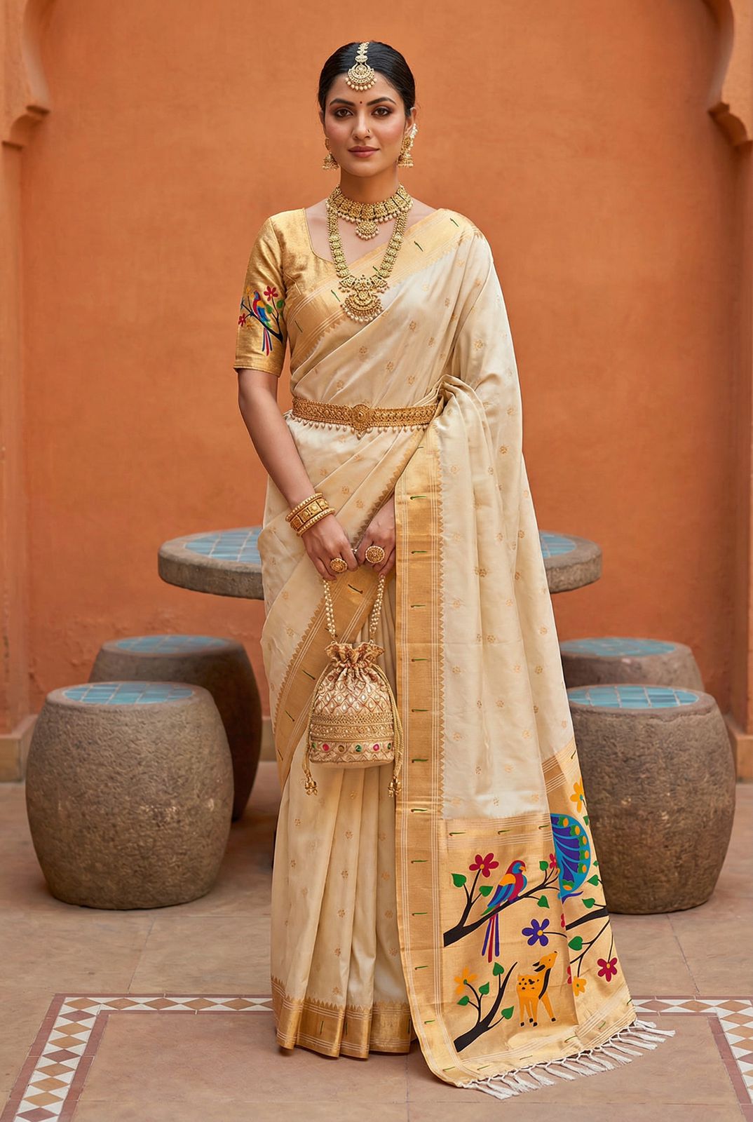 Alluring Beige Paithani Silk Saree With Excellent Blouse Piece