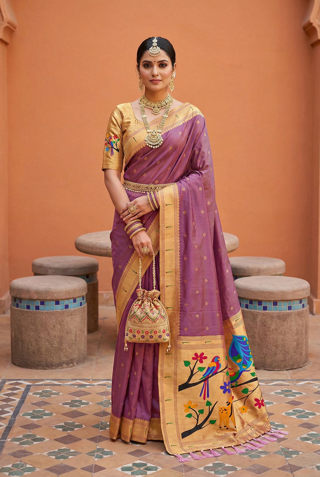 Groovy Lavender Paithani Silk Saree With Nemesis Blouse Piece