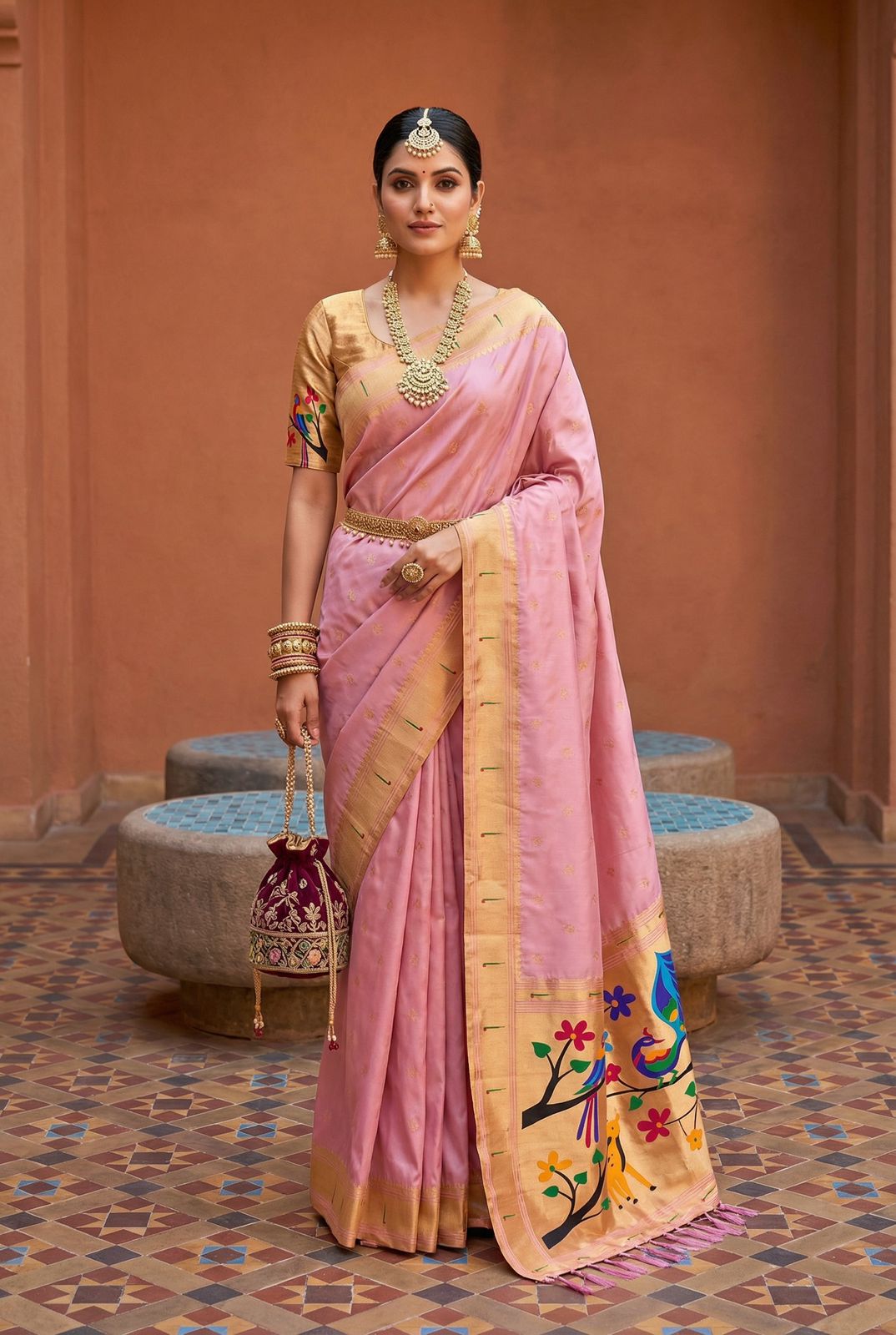 Scrumptious Pink Paithani Silk Saree With Glorious Blouse Piece