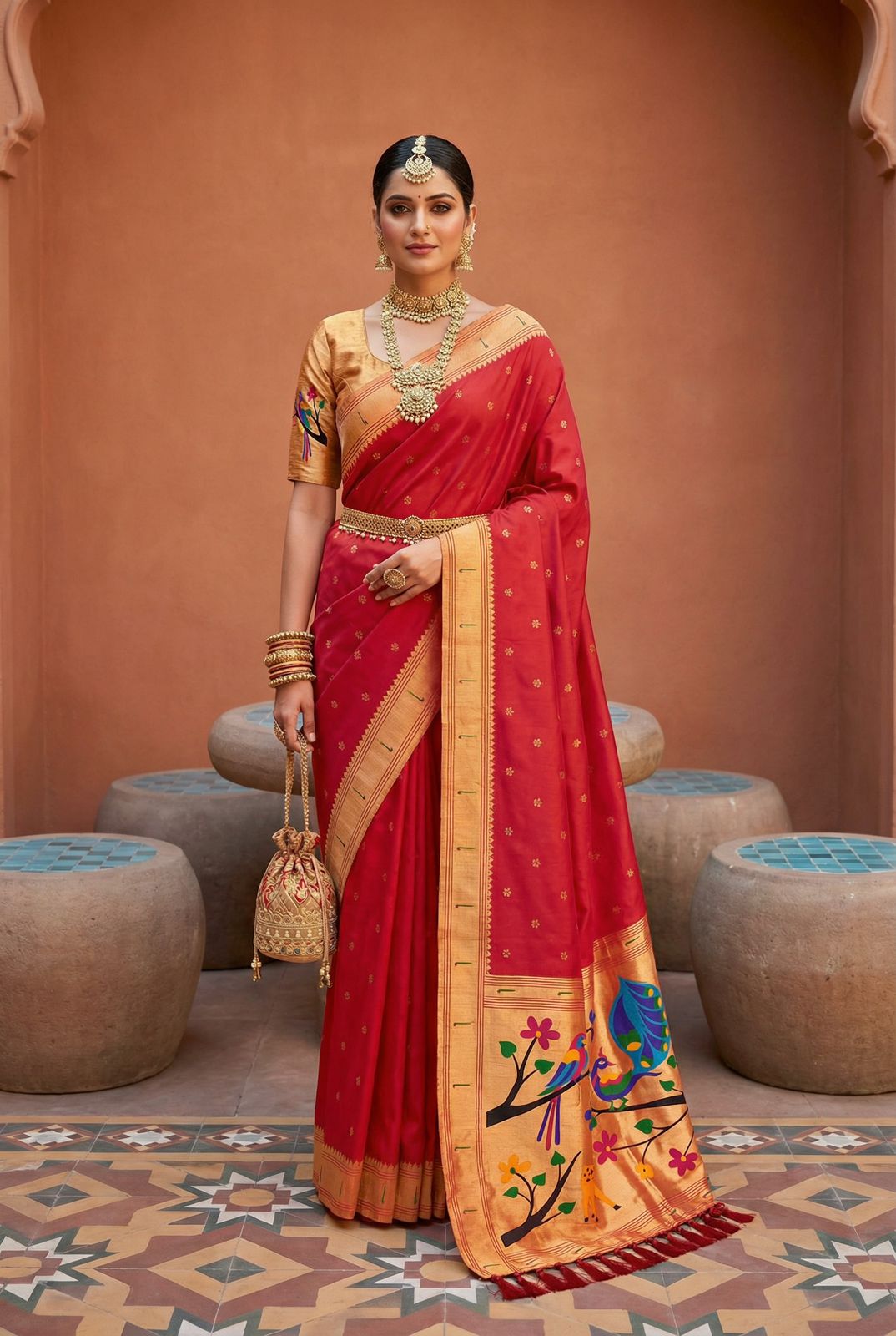 Resonant Red Paithani Silk Saree With Incredible Blouse Piece