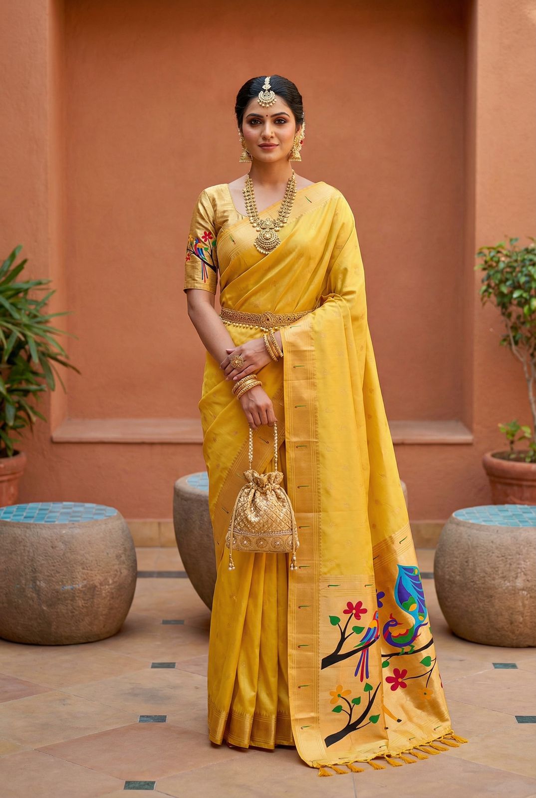 Wonderful Yellow Paithani Silk Saree With Serendipity Blouse Piece
