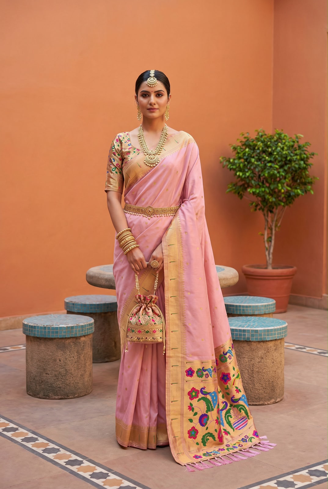 Enamoring Baby Pink Paithani Silk Saree With Epiphany Blouse Piece