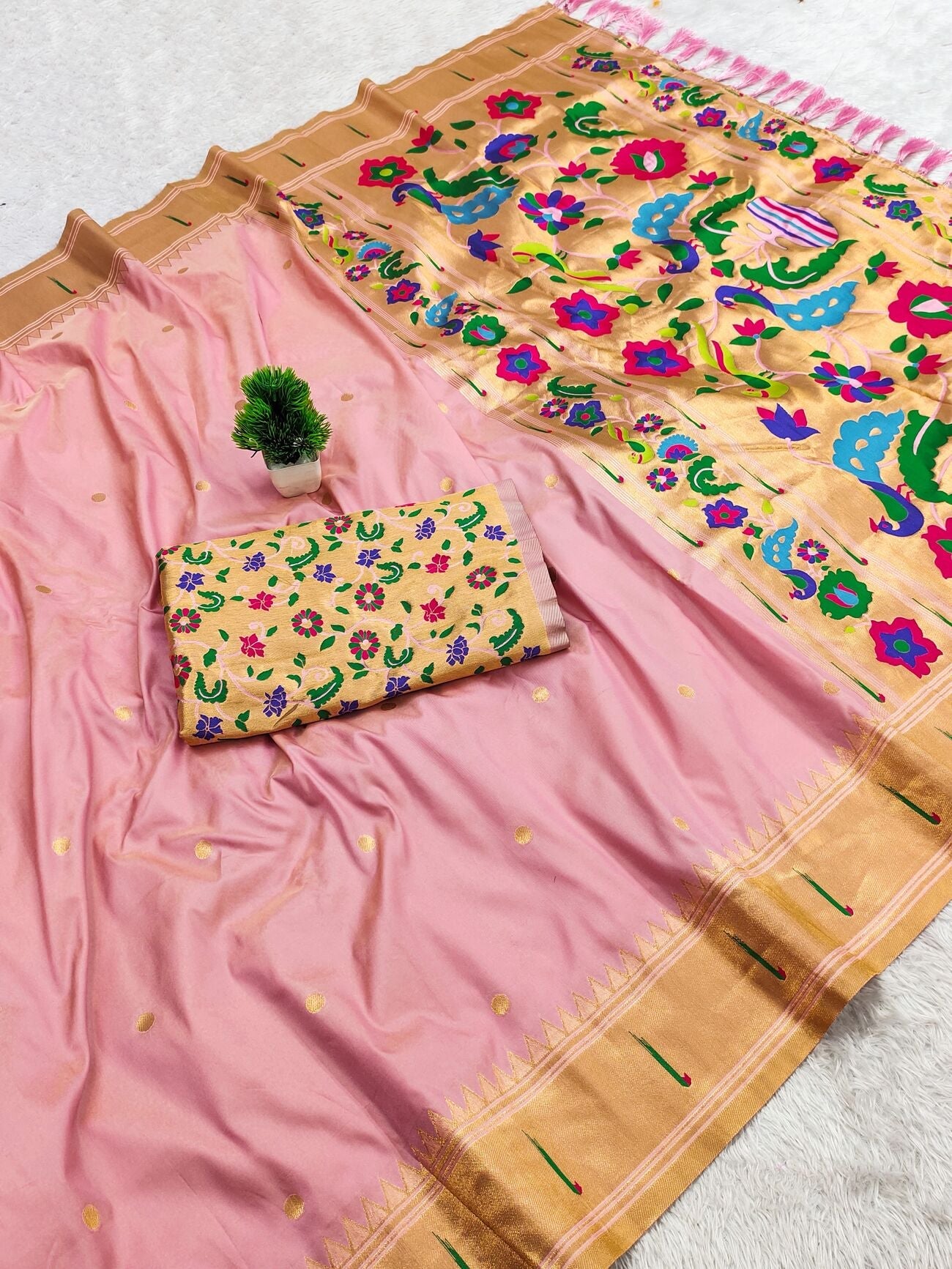 Enamoring Baby Pink Paithani Silk Saree With Epiphany Blouse Piece