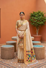 Diaphanous Beige Paithani Silk Saree With Desuetude Blouse Piece