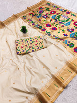 Diaphanous Beige Paithani Silk Saree With Desuetude Blouse Piece